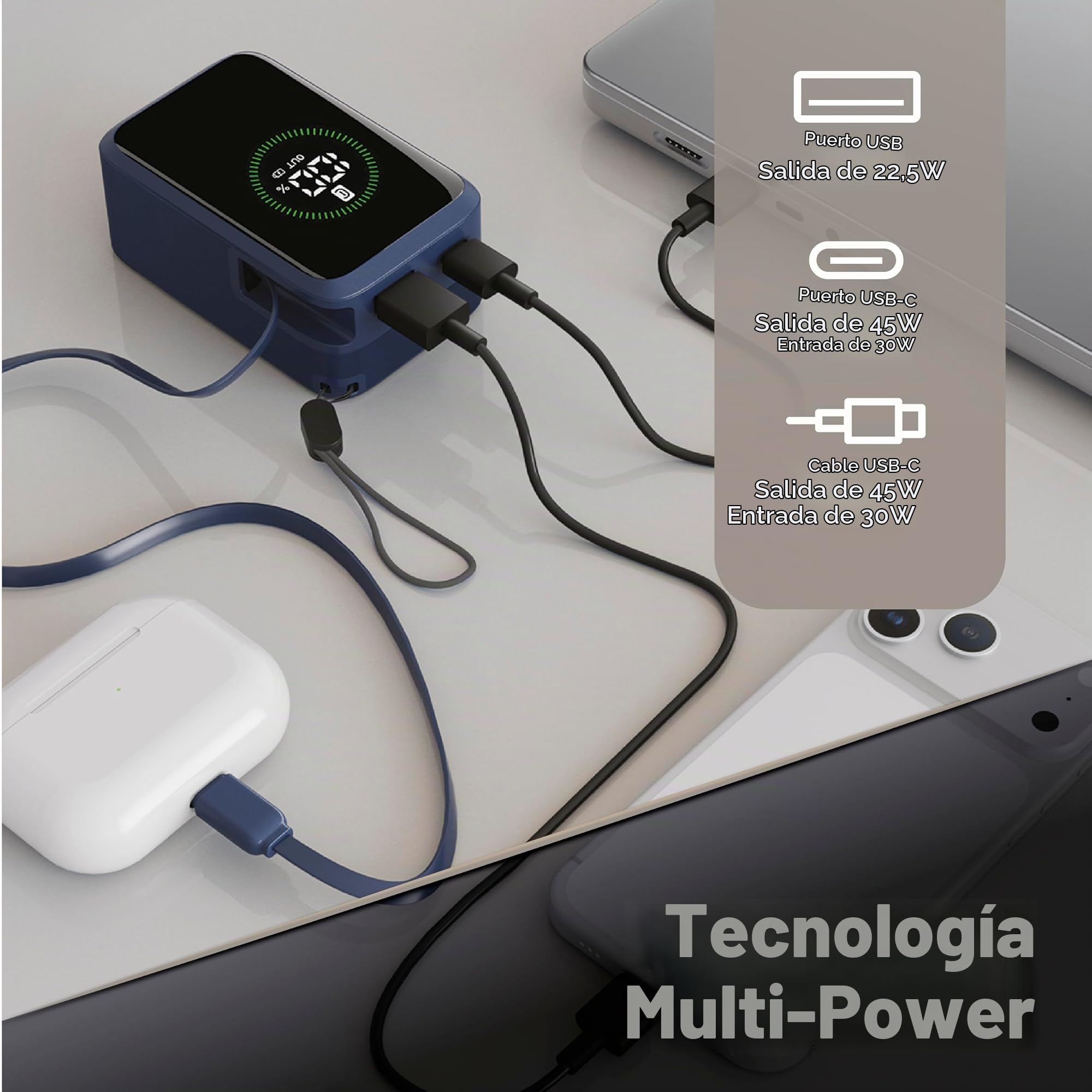 Cellularline batería Externa Roller 10.000 mAh con Carga rápida de hasta 45 W, Cable USB-C retráctil de 70 cm, Pantalla LCD, Carga simultánea para 3 Dispositivos, Negro