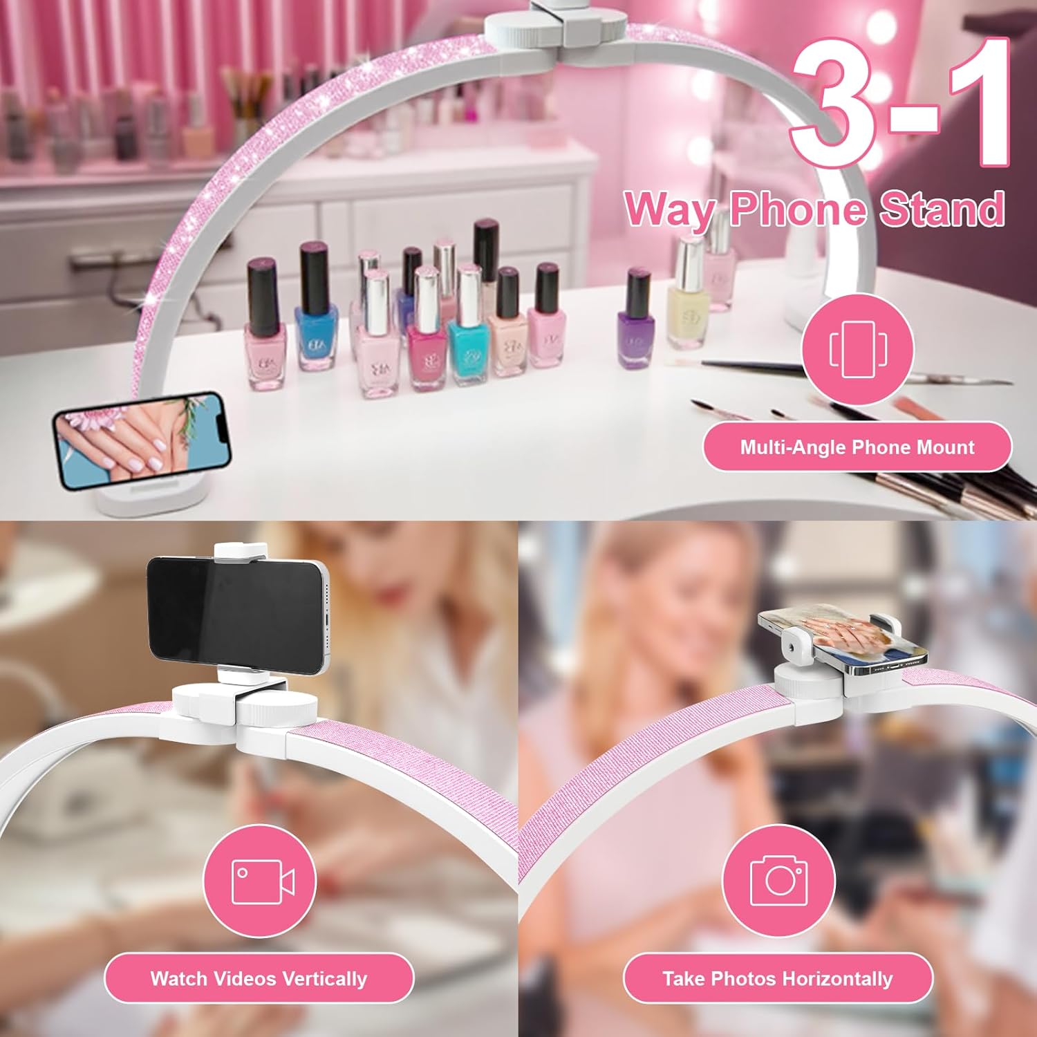Half Moon Light for Nail Desk 31" Foldable LED Nail Desk Lamp with Phone Holder, Professional Nail Tech Light for Manicure & Beauty Studio