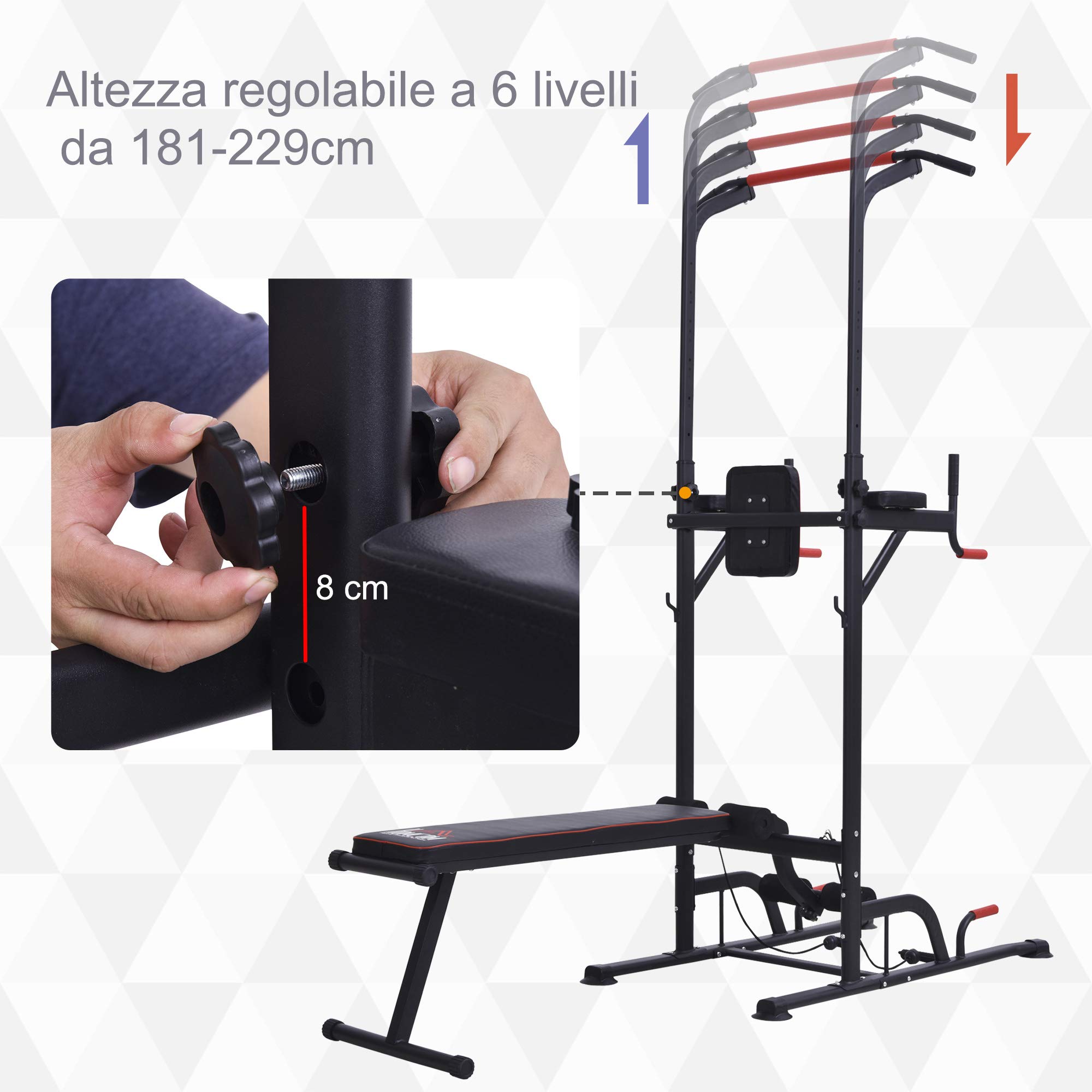Stazione Fitness Multifunzione HOMCOM Con Pesi 45kg - Power Tower Per Allenamento Casa, Panca Imbottita 135x103x210cm - Foto 7