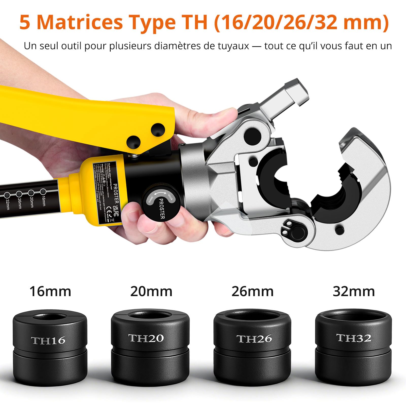 Proster Pince à Sertir Multicouche PER 8T TH16-32 avec Ébavureur Coupe-Tube | Puissance Hydraulique 8 T, 4 Mâchoires TH16/20/26/32 incluses, Sertisseuse Tuyaux Aluminium-Plastique, PEX, PER, PB