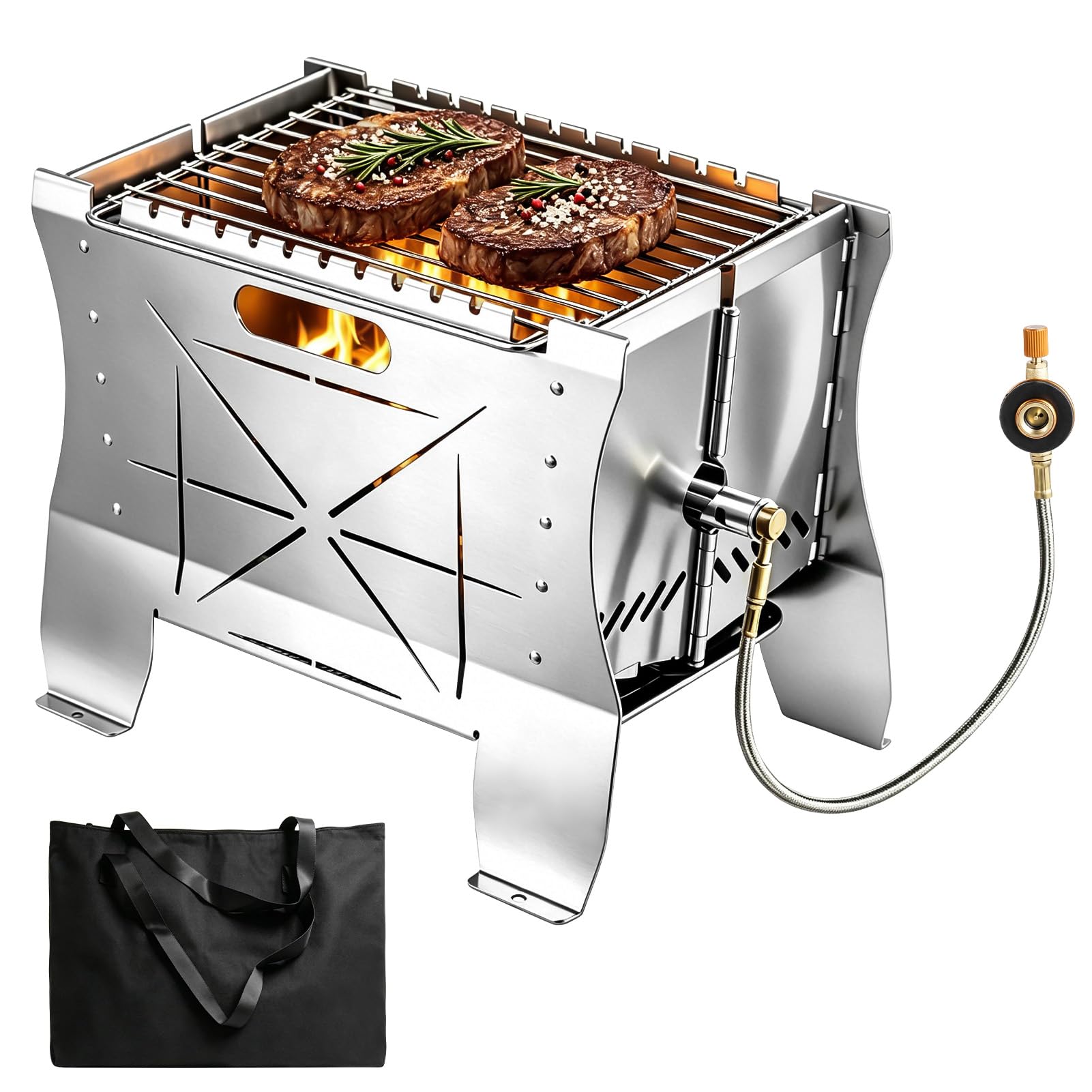 Grill Gas - 26.5×21×38cm Mobiler Gasgrill Klein, Tragbarer Edelstahl Campinggrill | Gas & Holzkohlebetrieb - Faltbarer Campingkocher Propangas-Grills mini für Camping, Balkon, Garten, Outdoor