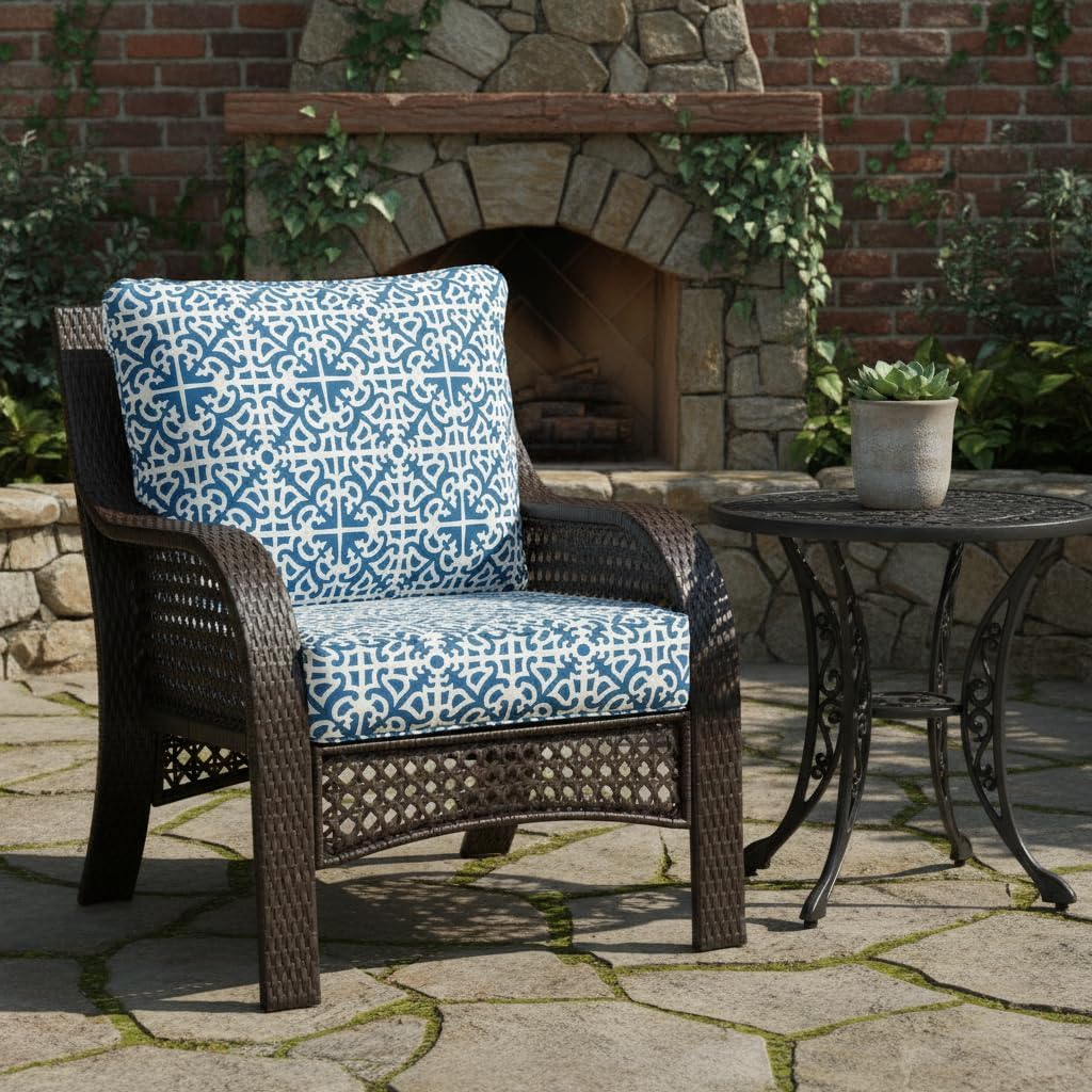 Outdoor Deep Seat Cushion Set 24x24 Seat + 28x22 Back – Dacron Wrapped Foam Core, Removable Zipper Seat Cover, Corded Trim, Patio Lounge Replacement Cushion with Ties, Indigo Lattice