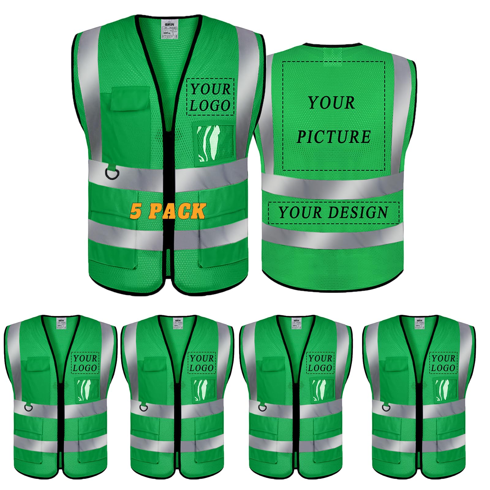 BeautyWill Custom Hi Vis vest for Men and Women, High Visibility ANSI Class 2 Safety Vest with Reflective Strips, 5 Pockets and Front Zipper, ANSI/ISEA Standards-5 Pack(004DarkGreen, S) — image 1