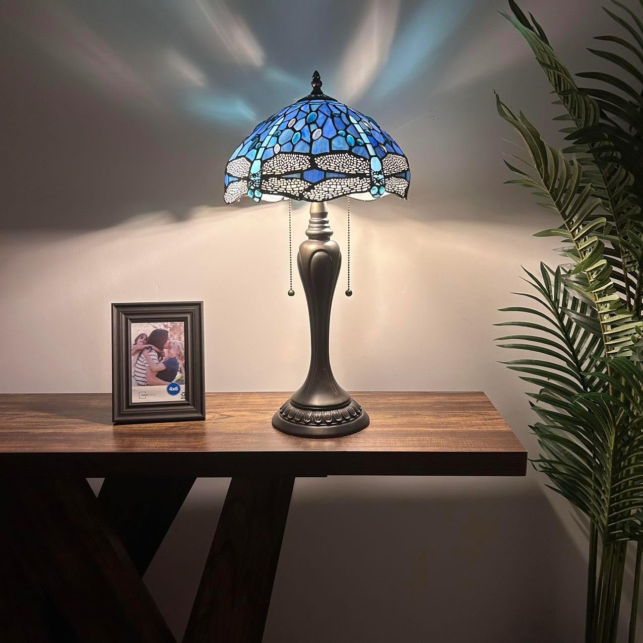 Tiffany Table Lamp Blue Stained Glass Dragonfly LED Bulbs Included Pull Chain Switches for Living Room Dining Room Bedroom Bedside 12" W*12" D*22" H