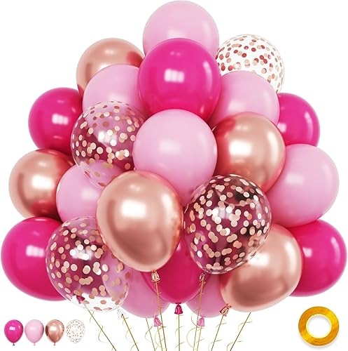 Globos rosados, juego de 60 globos de color rosa intenso con confeti de oro rosa, globos metálicos de oro rosa, globos de 12 pulgadas, magenta,