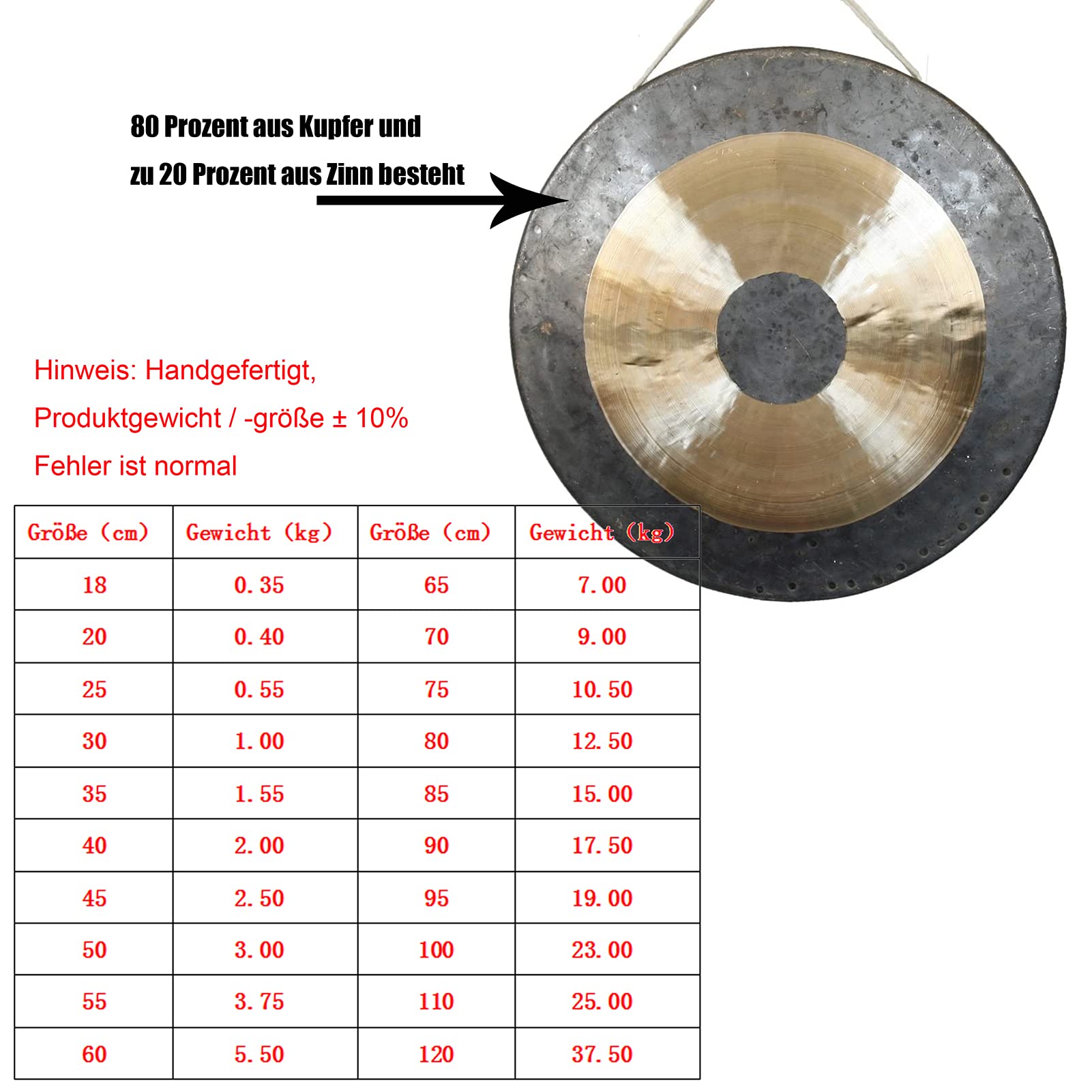 Gong-Hand Gong per orchestra sinfonica di yoga, guarigione, grande, in ottone e rame, con bobine in legno/cotone