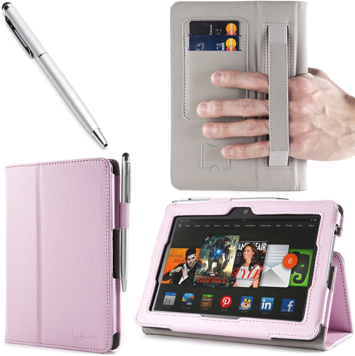 i-BLASON Kindle Fire HDX 8.9 inch Tablet Leather Case Cover / Elastic Hand Strap / Stylus / ID Holder (Not Compatible with Kindle Fire HD 8.9 2012) One Year Warranty (Pink)