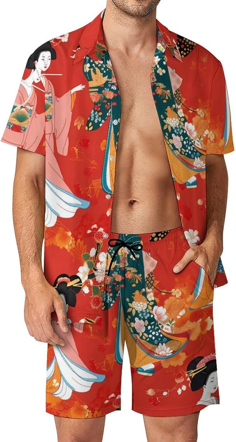 Japanese Lady Kimono Geisha Men's Summer Beach Outfits Shirt And Shorts Set 2 Piece Vacation Swimwear