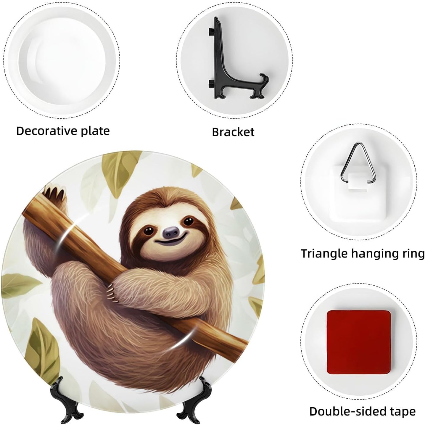 Bone China Decorative Plate with Display Sloth Pictures Ceramic Plates Crafts Art Decor Dessert Plate Ceramic Ornament Porcelain Plates for Living Room Kitchen Table Home Decor