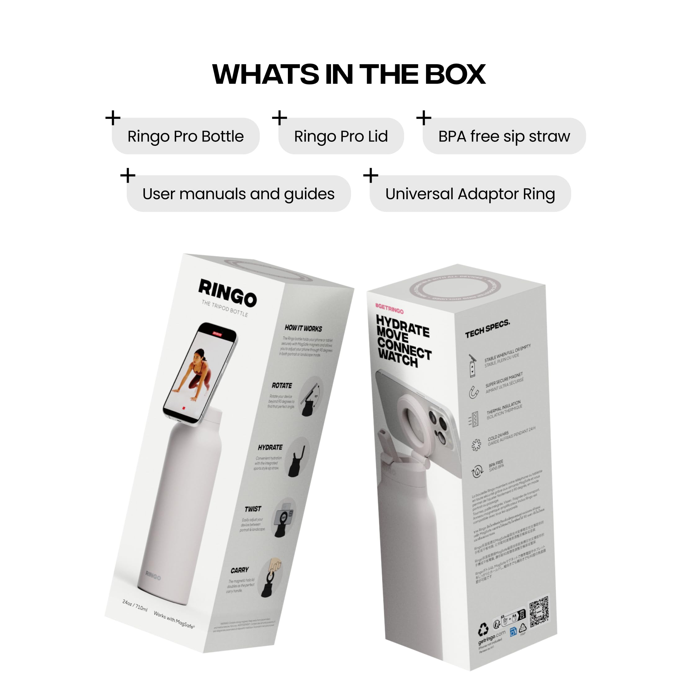 Ringo Pro Trinkflasche aus Edelstahl mit drehbarem Magnethalter für Smartphone, 710 ml, Elfenbein