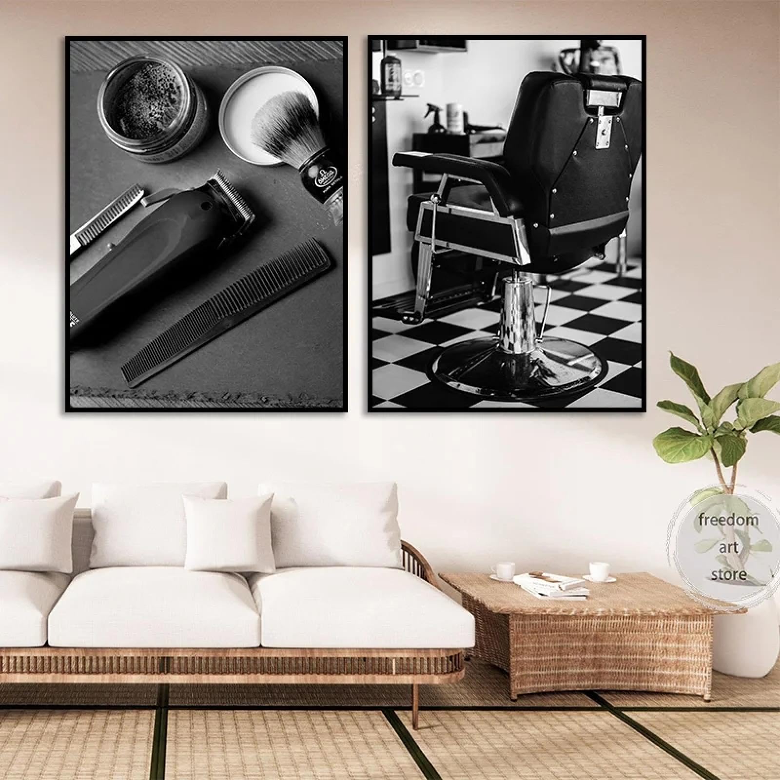 Vintage Barber Shop Schwarz-Weiß-Foto-Stil Haarschnitt Friseurstuhl Kunst Poster Leinwand Malerei Wanddrucke Bild Dekor 80x120cmx2 Rahmenlos