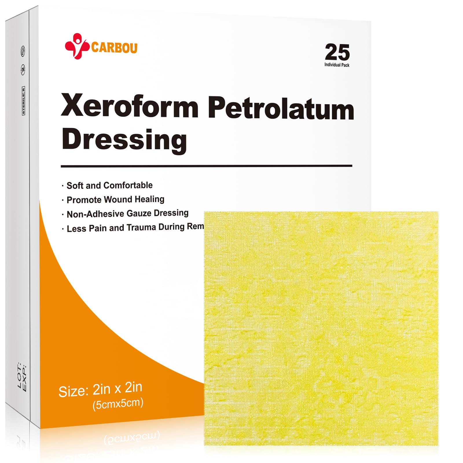 CARBOUMedical Xeroform Petrolatum Dressing 2"x2", 25 Individual Pack, Non-Adherent Gauze Pads, Soft Fine Mesh Gauze Patch for Wound Care, Burns, Lacerations, Skin Grafts & Surgical Incisions