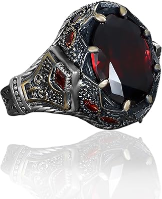 BayVog Mens Sterling Silver Ring with Round Garnet Gemstone Gothic Vintage-Style Handmade Ring Deep Red Stone Statement Jewelry for Men