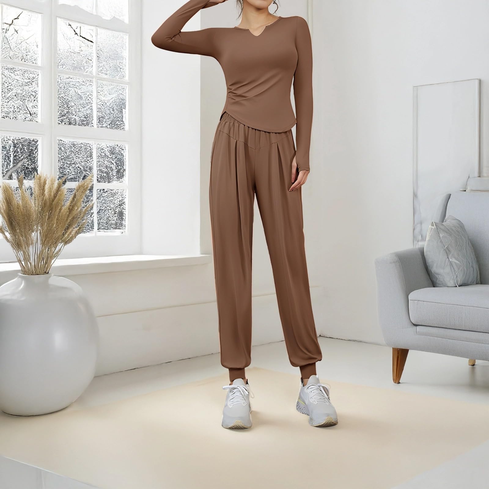 Tc54014 Ensemble de tenue de Pilates noir pour femme, vêtements de sport 2 pièces XXL, mélange de polyester et élasthanne, ensemble de jogging doux, marron, taille unique