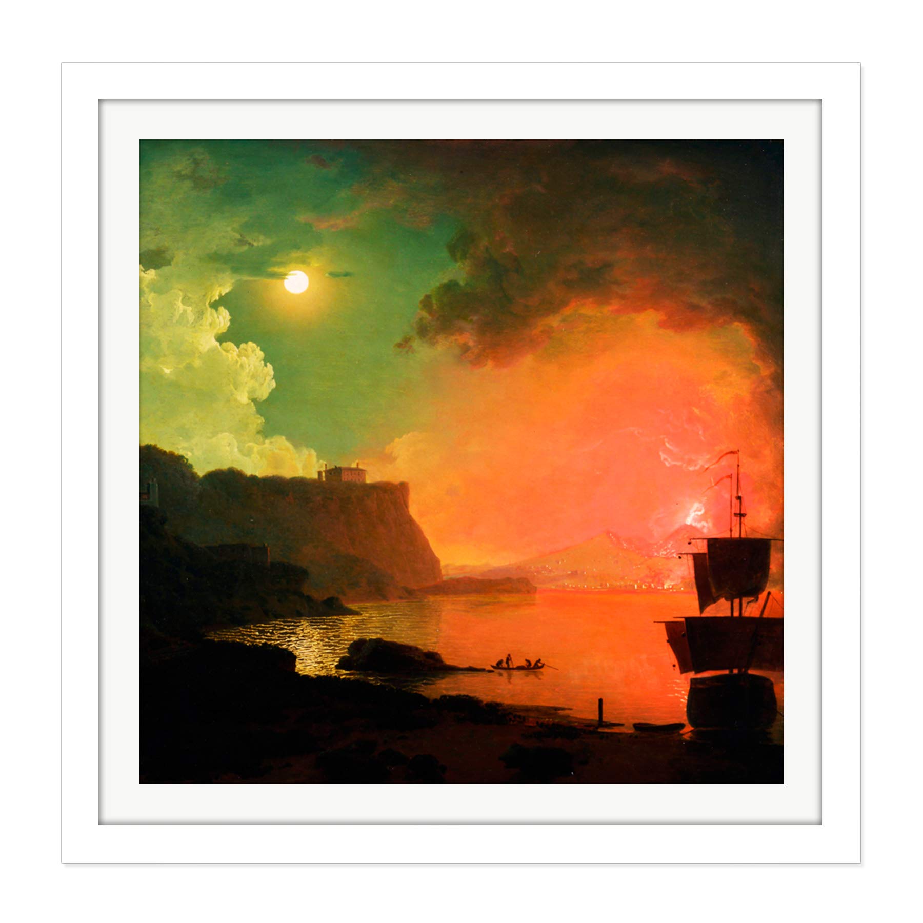 Wright Derby Volcano Vesuvius Posillipo Painting Square Wooden Framed Wall Art Print Picture 16X16 Inch