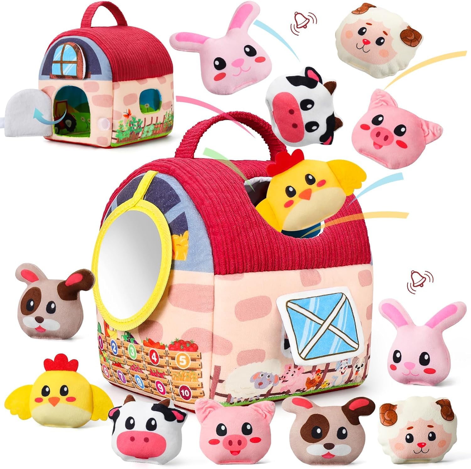 LEADSTAR Juguetes para Niños de 6 a 12 Meses,Animales de Granja Montessori Juguetes Sensoriales con Peluche Suave y Animales Espejo,Juego de Aprendizaje para Niños,Regalo Bebe 1 Año