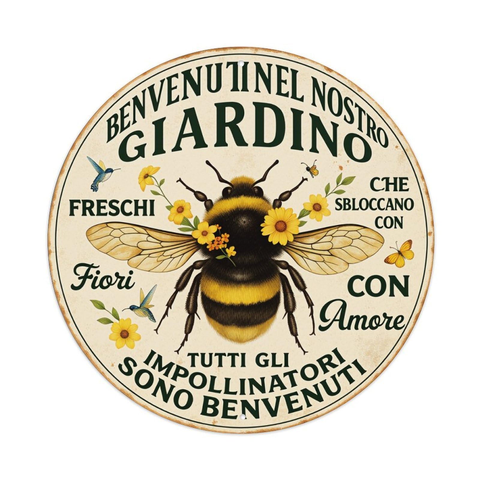 Bee Flowers Birds Butterflies Garden Round Tin Sign Vintage Metal Poster, Home Bar Garage Man Cave Cafe Indoor & Outdoor Wall Decoration 8x8Inches