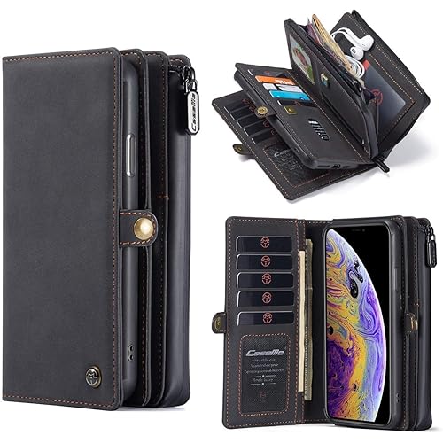 CaseMe iPhone XR Wallet Case, Durable Handmade PU Leather 2-in-1 Detachable Magnetic Flip Phone Case for iPhone XR Case Wallet with 15 Card Holder Slots Zipper Pouch for Women Men 6.1 inch, Black-Grey