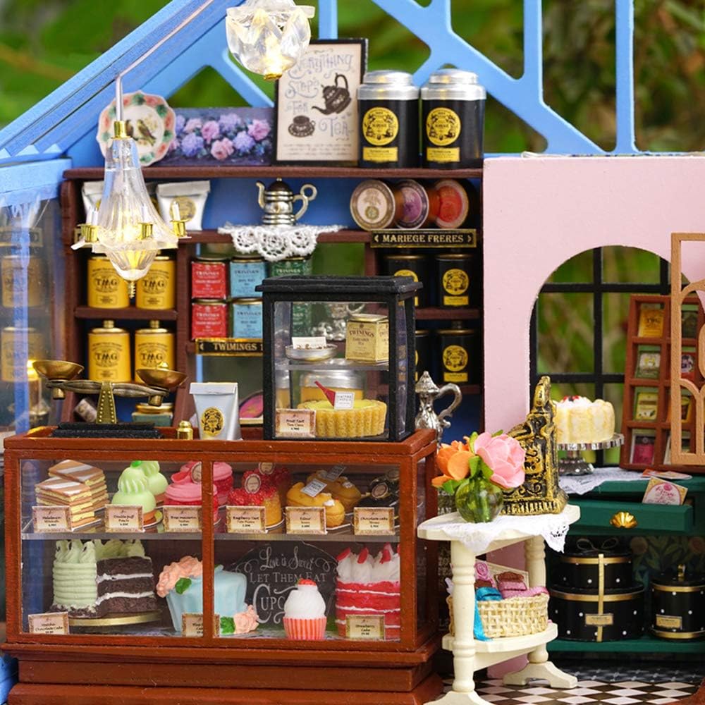 MAGQOO 3D Wooden Miniature Dollhouse DIY Kit with Furniture, Music Box and Dust Proof Included (Rose Garden Tea House)