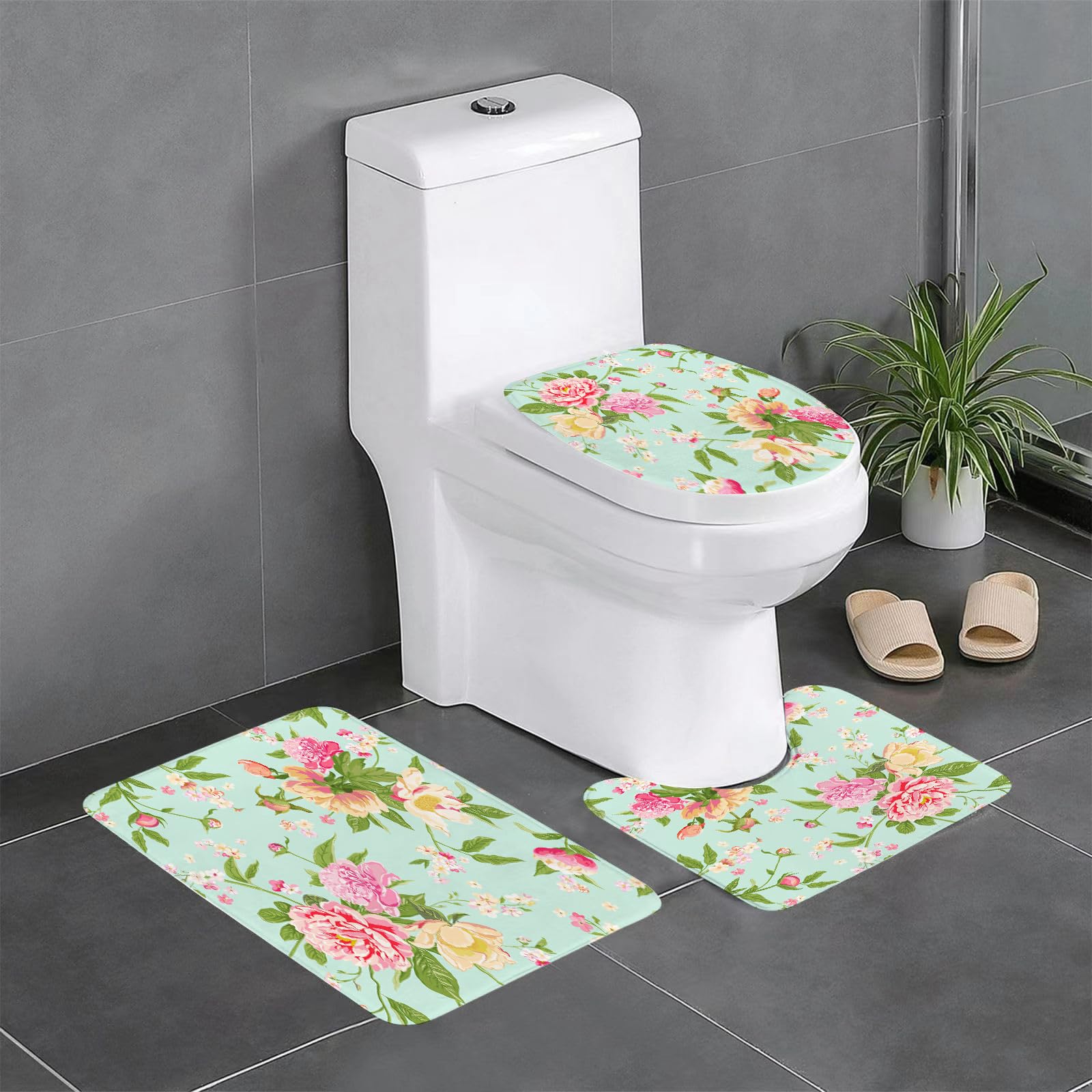 Set di 3 tappetini da Bagno, Lavabili in Lavatrice e Antiscivolo, in Morbida Fibra Superfine, con Motivo Floreale di Rose ad Acquerello sullo Sfondo.