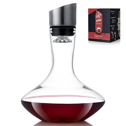 VnoPerito Wine Decanter,Red Wine Carafe,Decanter with Built-in Aerator Pourer, 100% Hand Blown Lead-free Crystal Glass with Stainless Steel Pourer Lid, Filter, Wine Gifts for Men