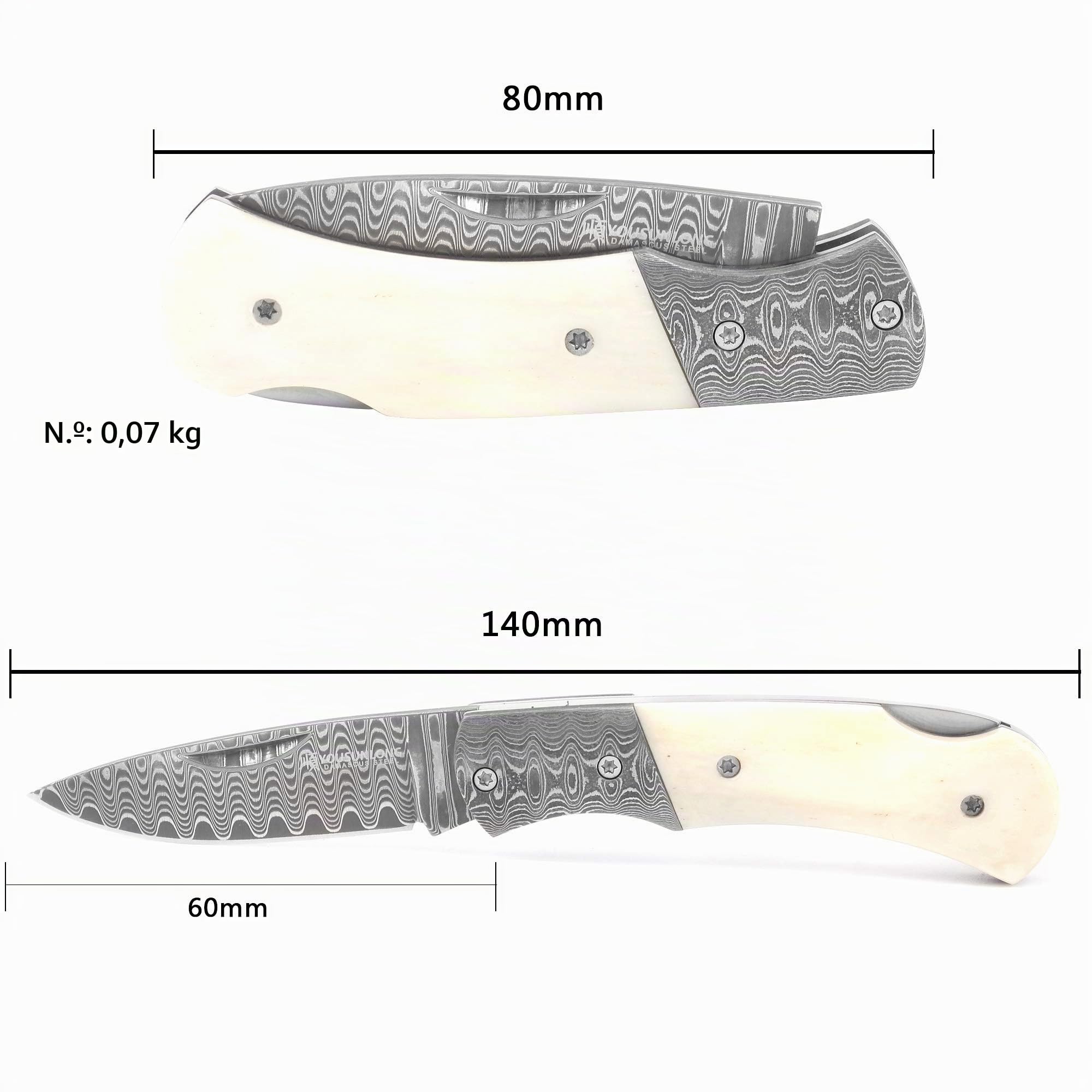 YOUSUNLONG Navaja de bolsillo y navaja 140mm - hoja de acero damasco - mango de hueso de toro