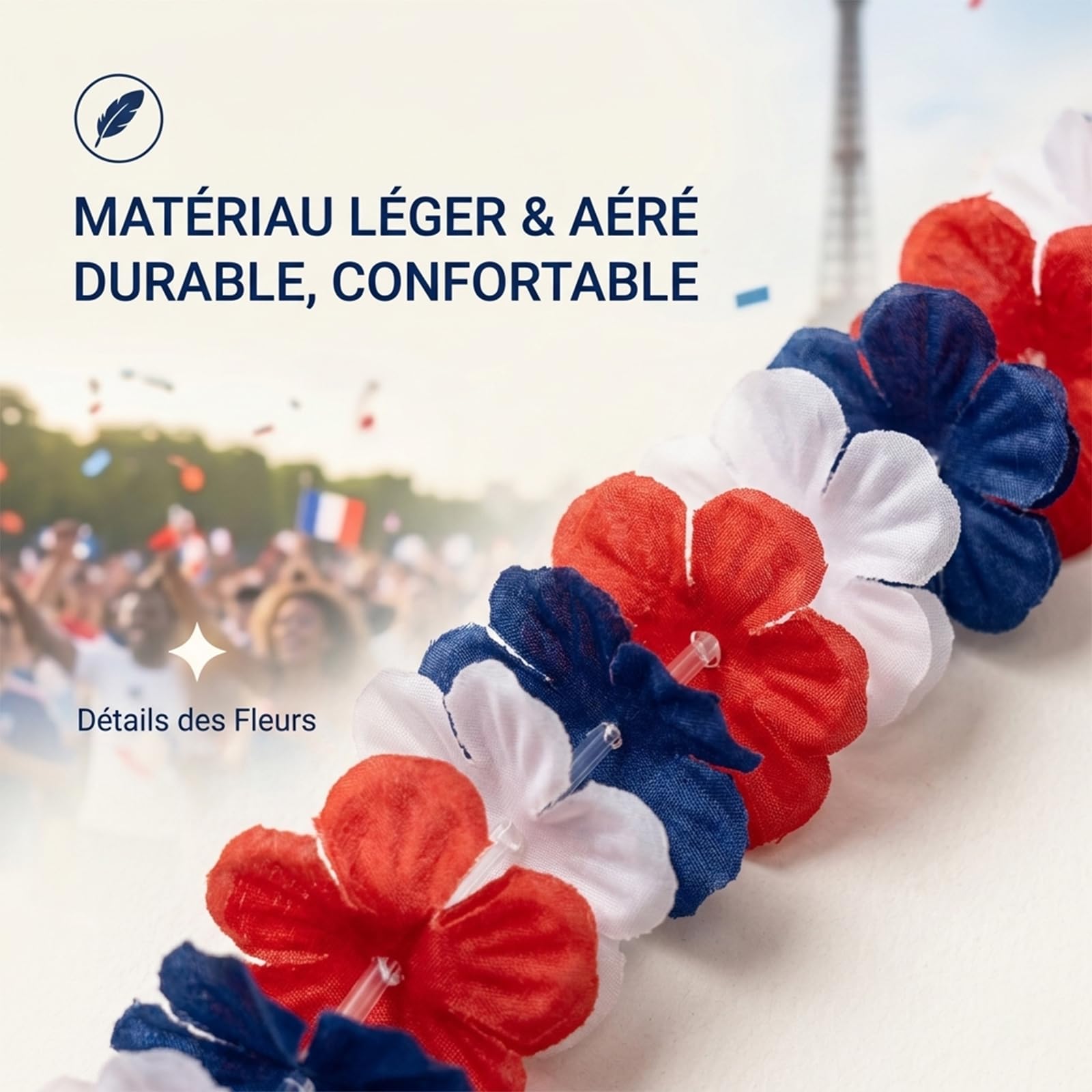 Kit Supporter Equipe de France, Collier Fleurs Bleu Blanc Rouge, Accessoires Tricolore pour Coupe du Monde 2026 Euro