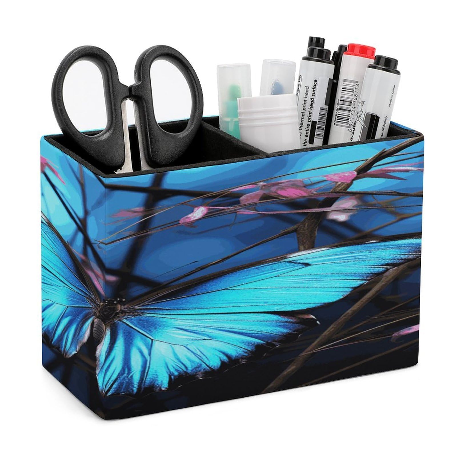 Porte-stylos en cuir fini le désordre avec le motif papillon bleu