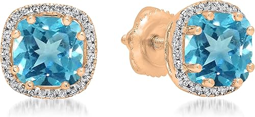 Dazzlingrock Collection Aretes tipo dormilona de 14 quilates y 0.236 in cada cojín con piedras preciosas y diamantes para mujer, estilo halo, oro