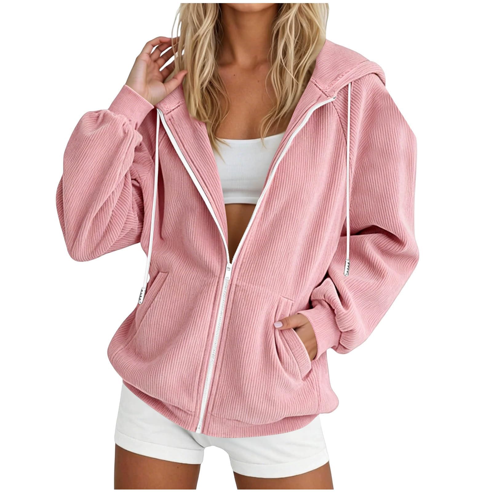 Felpa con Cappuccio da Donna con Cerniera, Maglione in Velluto a Coste, Giacca Invernale Cappuccio, Giacca di Transizione Cerniera e Felpa Tinta Unita per Esterni Tasche, Zip E Gatto