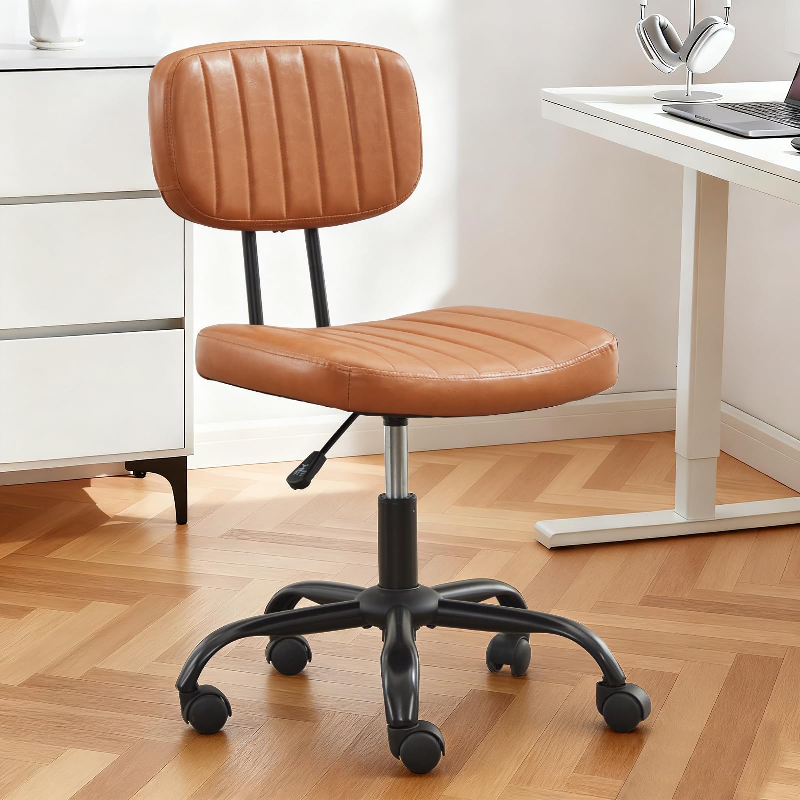 BINGTOO Brown Armless Office Chair with Wheels PU Leather Small Computer Desk Chair Adjustable Height Swivel Task Chair