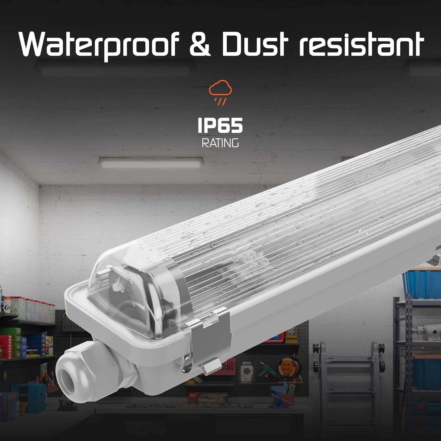 Close-up of the Ledvion batten light showing water droplets on the cover, with text 'Waterproof & Dust resistant IP65 RATING'