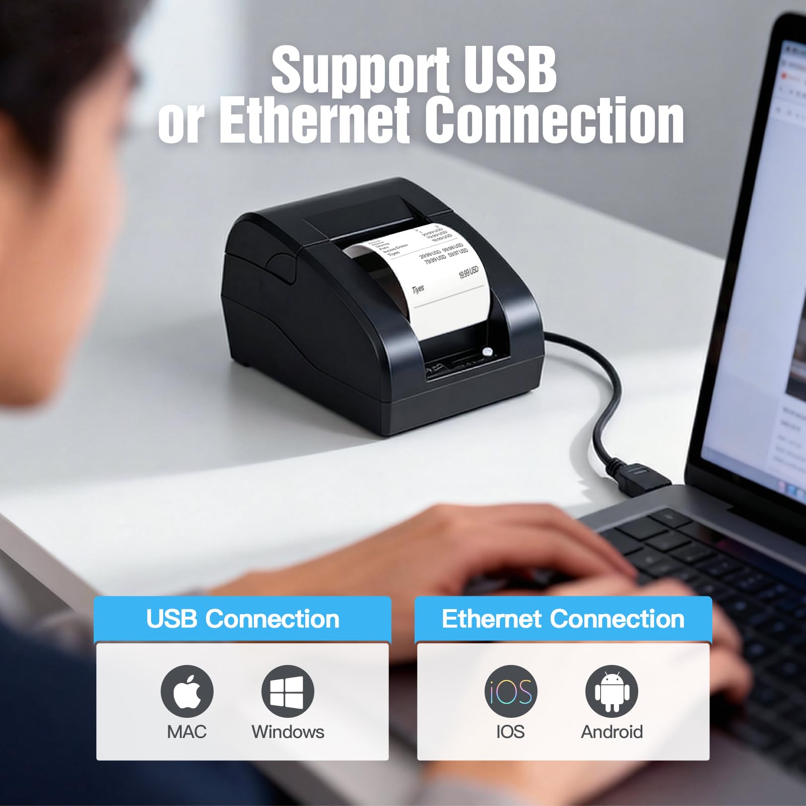 Bisofice Bondrucker Thermodrucker 58mm Belegdrucker Bluetooth USB Quittungsdrucker Kompatibel mit Windows/Linux/Android, Unterstützung ESC/POS