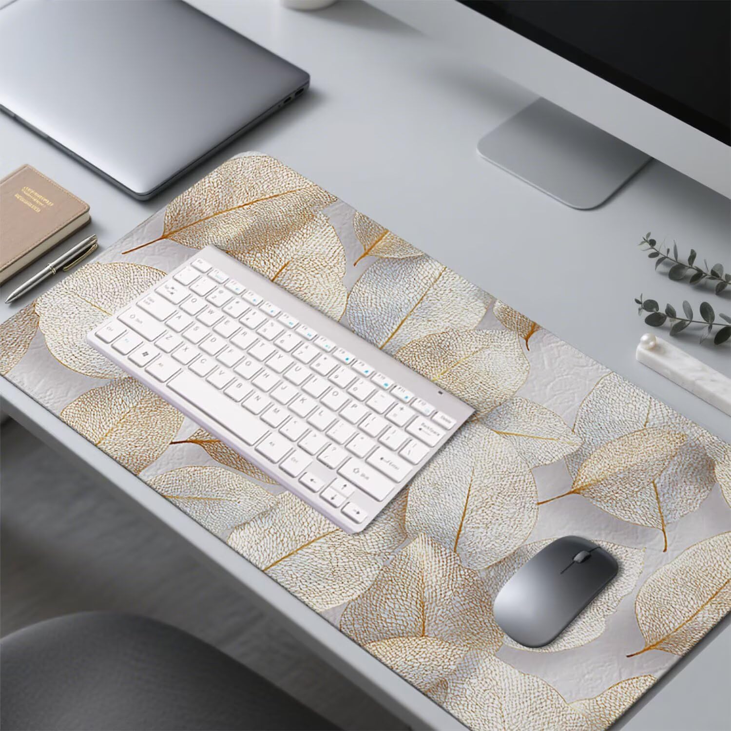 Kremowa podkładka pod mysz XXL 1400 x 600 x 3 mm podkładka pod mysz biurko duża podkładka pod mysz dla graczy liście akcesoria biurko praca laptop klawiatura mysz szyte krawędzie antypoślizgowe w-1728