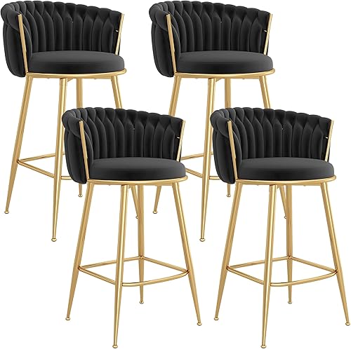 Vista 24 de Taburetes de bar dorados juego de 2, Taburetes ajustables de altura de bar, Sillas de bar giratorias de terciopelo con respaldo tejido, Reposapiés