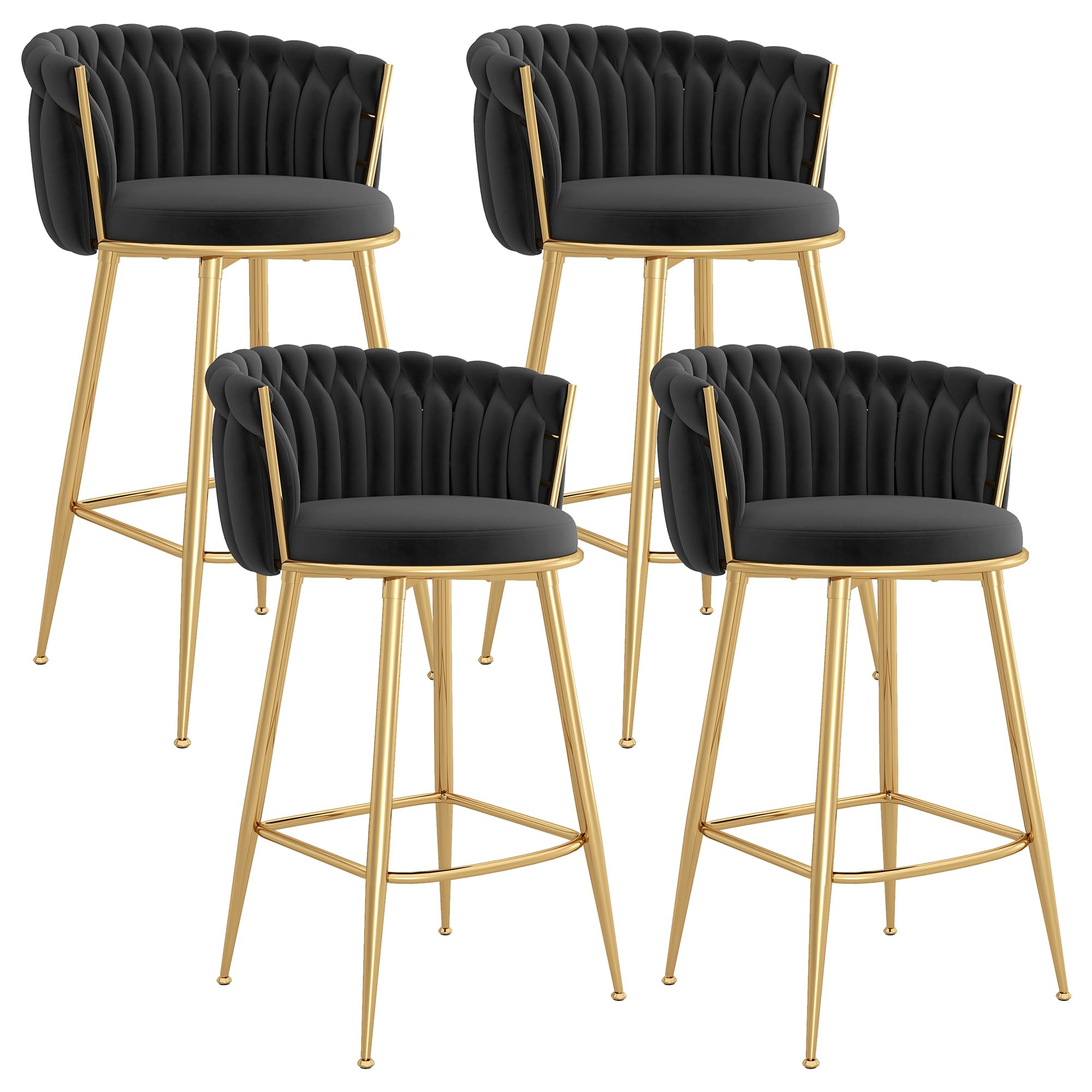 GOOLON Counter Height Stools Set of 4, Velvet Bar Stools with 27 Inches Upholstered Seat Height, Handmade Woven Back Armrest, Sturdy Golden Metal Legs