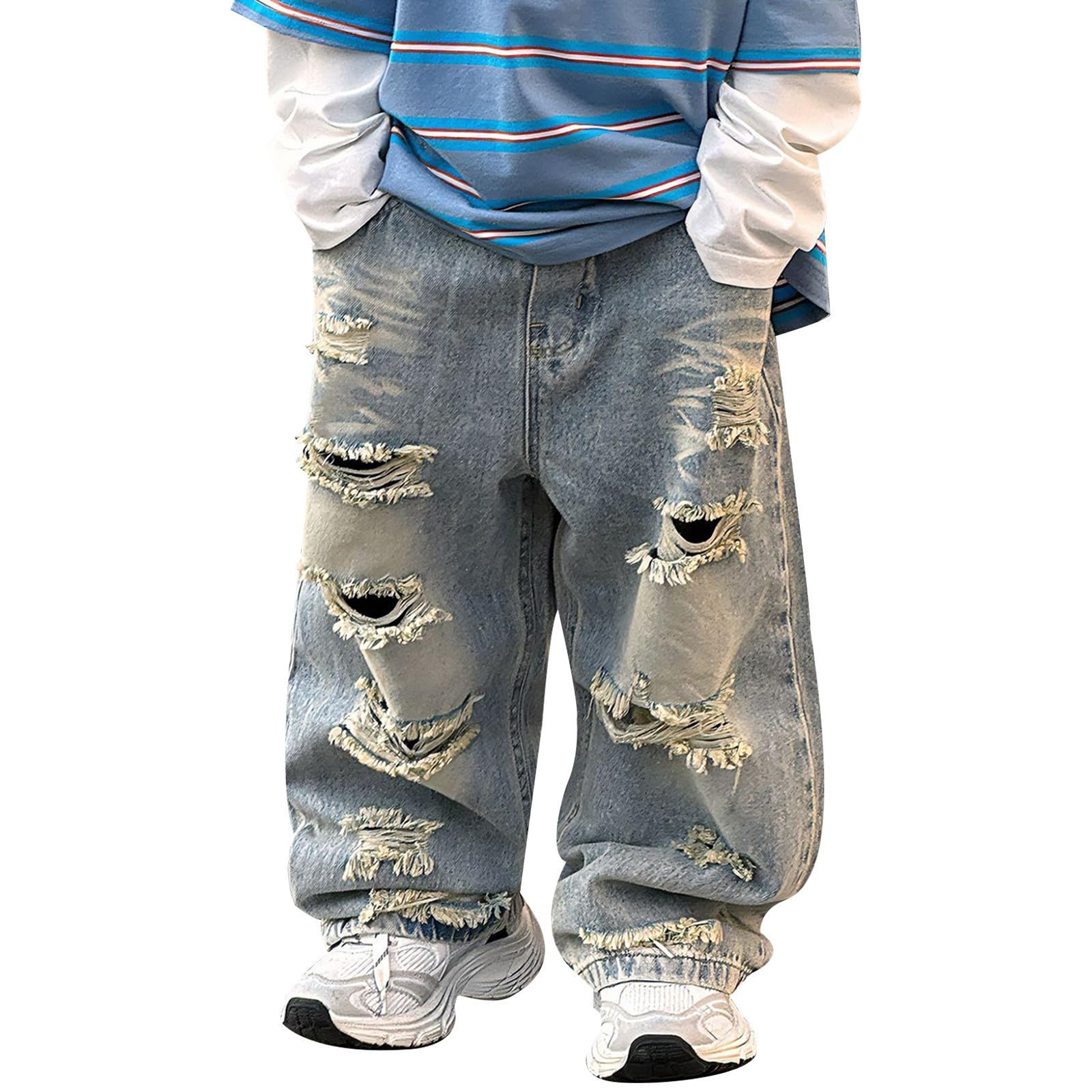 Generico Jeans Baggy Ragazzo-Jeans per Bambini, Pantaloni in Denim Strappati, Stile Casual, da Strada, Stile, con Dettagli Strappati, Comodi Pantaloni Lunghi Elasticizzati per l'uso Quotidiano
