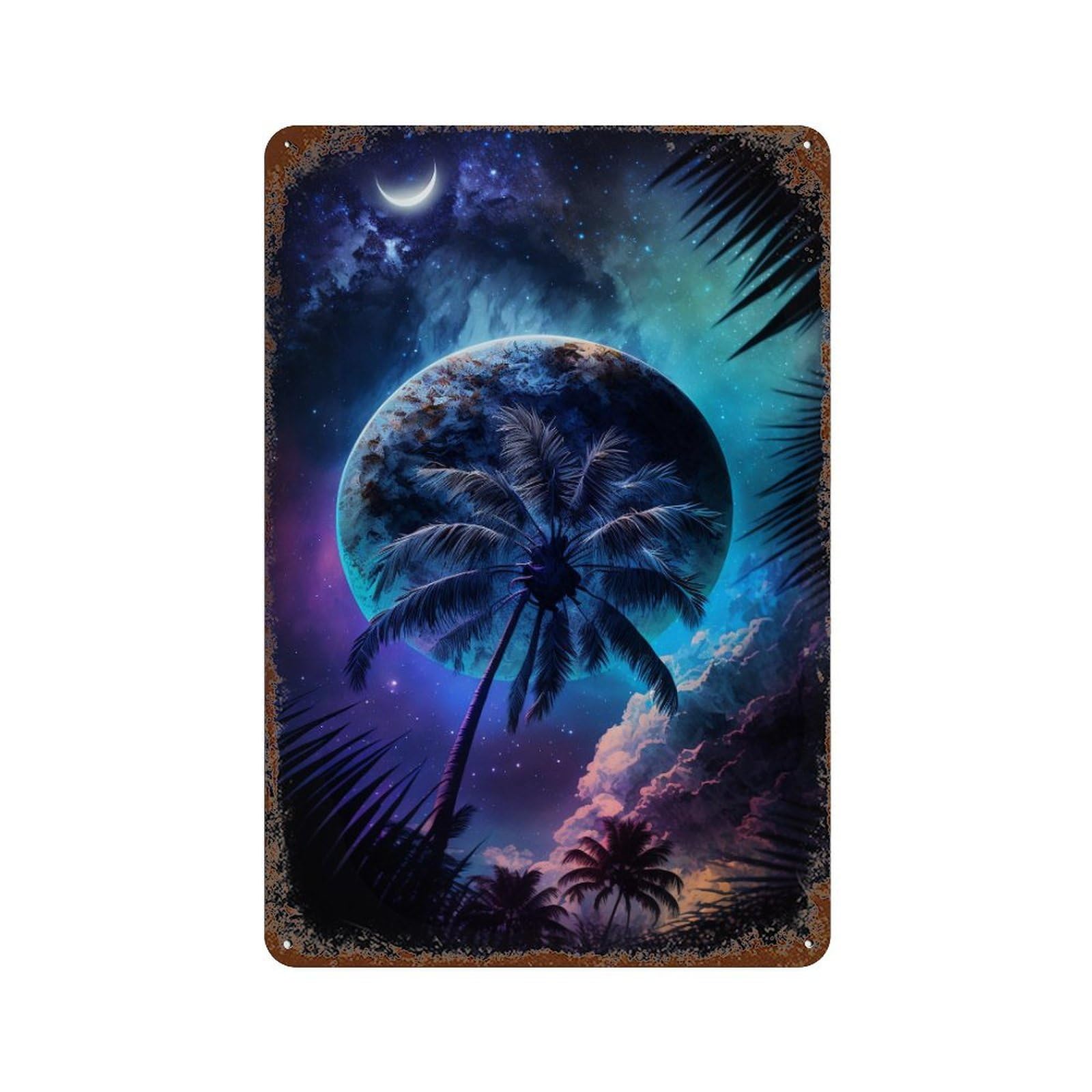 Fantasy Tropical Night Scene 11.8"x7.9" Aged Metal Wall Plaque, Novelty Wall Decor for Shed, Workshop And Garage Wall Decor