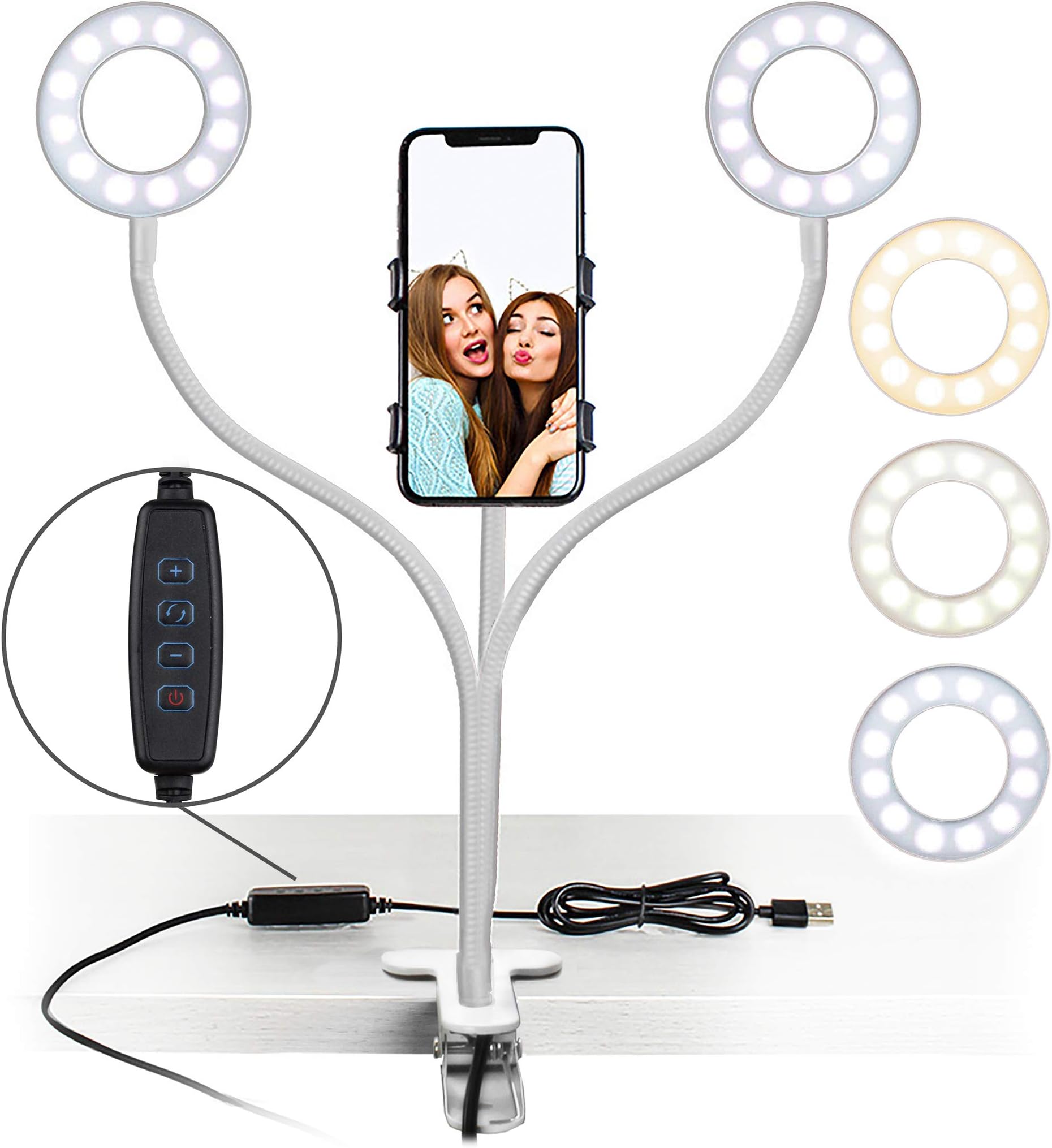 Aduro U-Stream Selfie Ring Light with Stand, Twin Dual Ring Lights with Flexible Gooseneck Phone Holder Arm Stand for iPhone and Android White