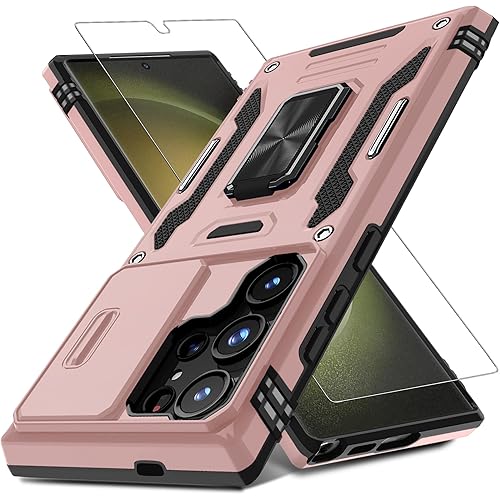DEERLAMN Case for Samsung Galaxy S25 Ultra with Slide Camera Cover+Screen Protector (1 Pack), Rotated Ring Kickstand Military Grade Shockproof Protective Cover-Rose Gold