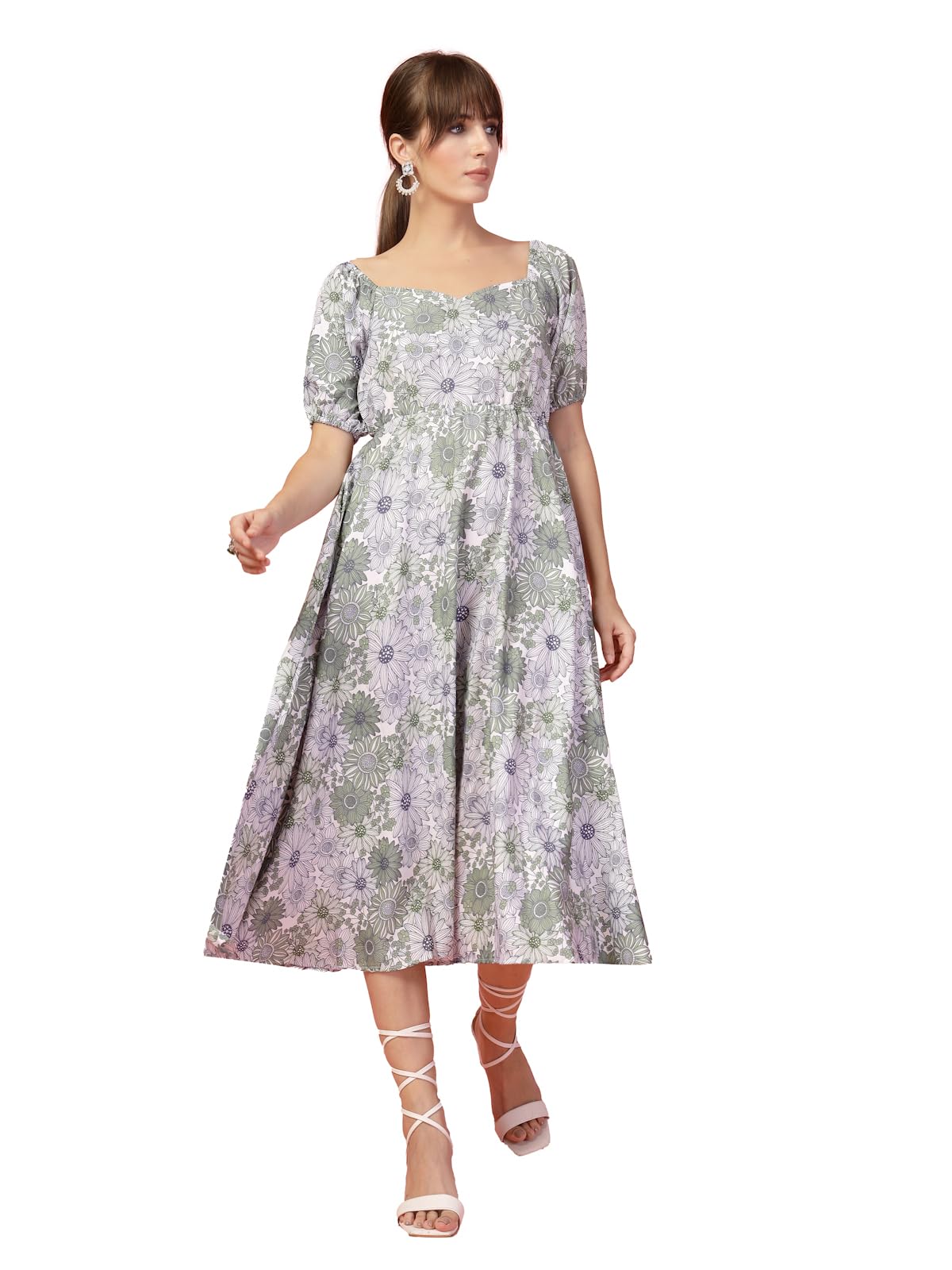 Oomph! Flared Dress For Women Stylish | Long One Piece For Women | Puff Sleeve Long Dress | Floral Print Maxi One Piece | Western & Fusion Wear Pear Green