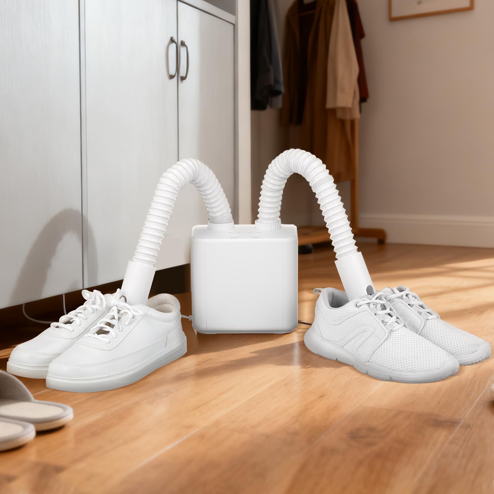 Lurrose Elektrischer Schuhtrockner Ausziehbar Kunststoff Weiß 4 Timerstufen für Sportschuhe und Nasse Ausrüstung für Hausgebrauch