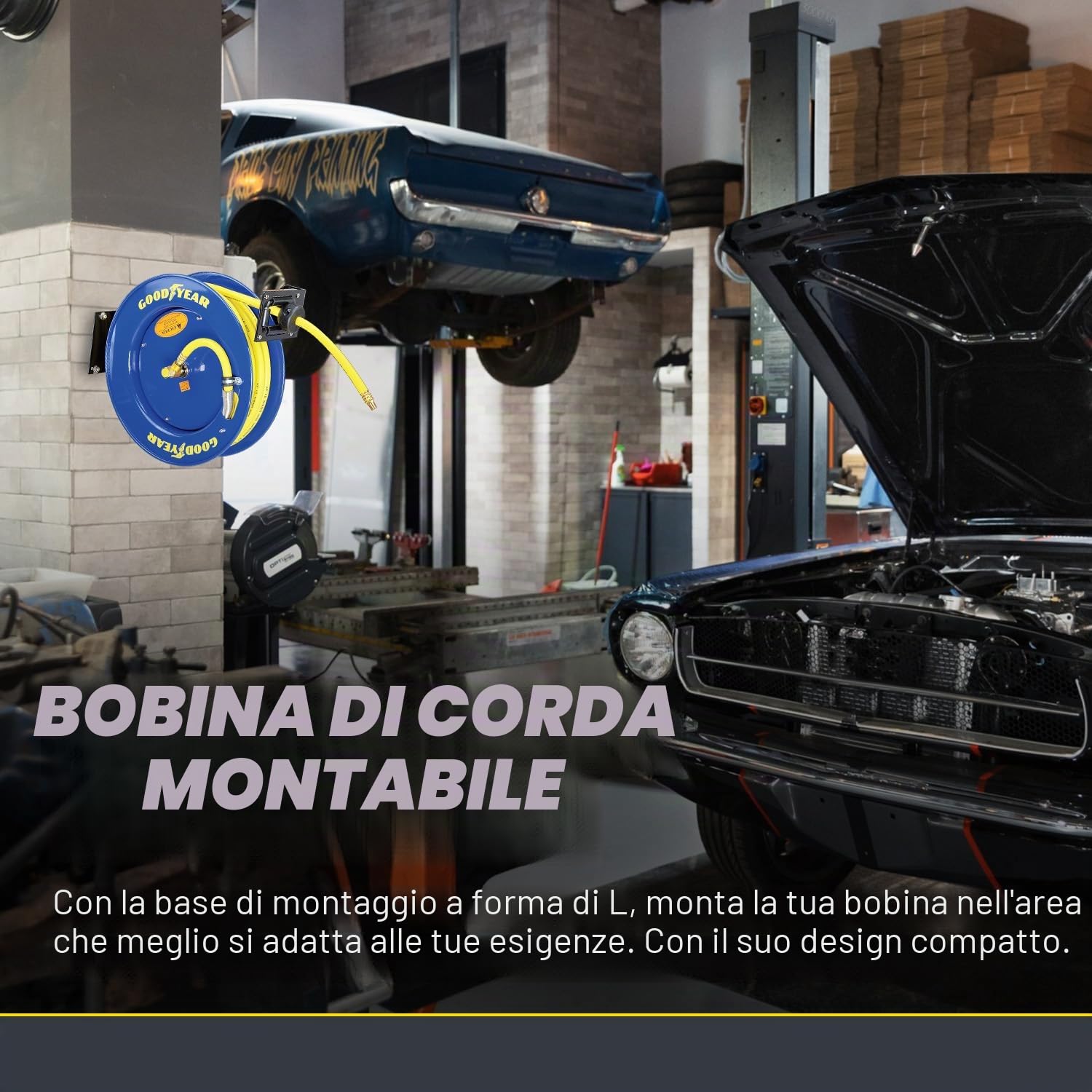 Goodyear, Avvolgitubo retrattile L815153G per compressore d'aria e tubo dell'acqua, in acciaio, con attacco da 9,5 mm x 15,2 m 1 tubo di gomma da massimo 300 psi.