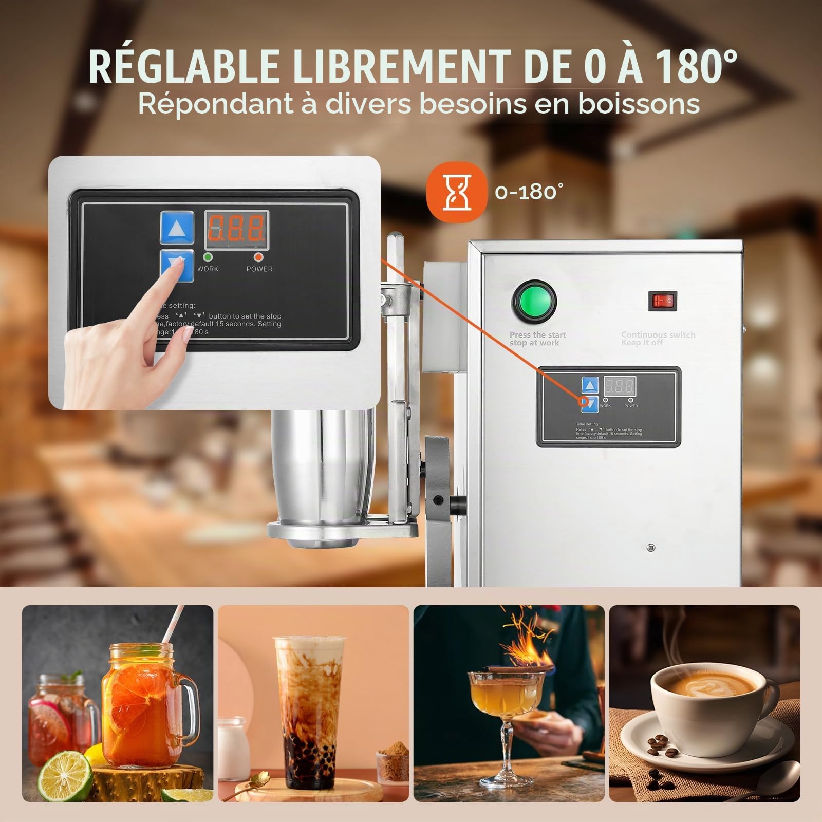 VEVOR Batteur Mixeur à Milkshake Commercial, Appareil à Thé au Lait Électrique 120 W, Mélangeur à Boissons Double Tête, Réglable 0-180 s, avec Tasse Inox 750 mL, pour Magasin de Thé au Lait Bar Café