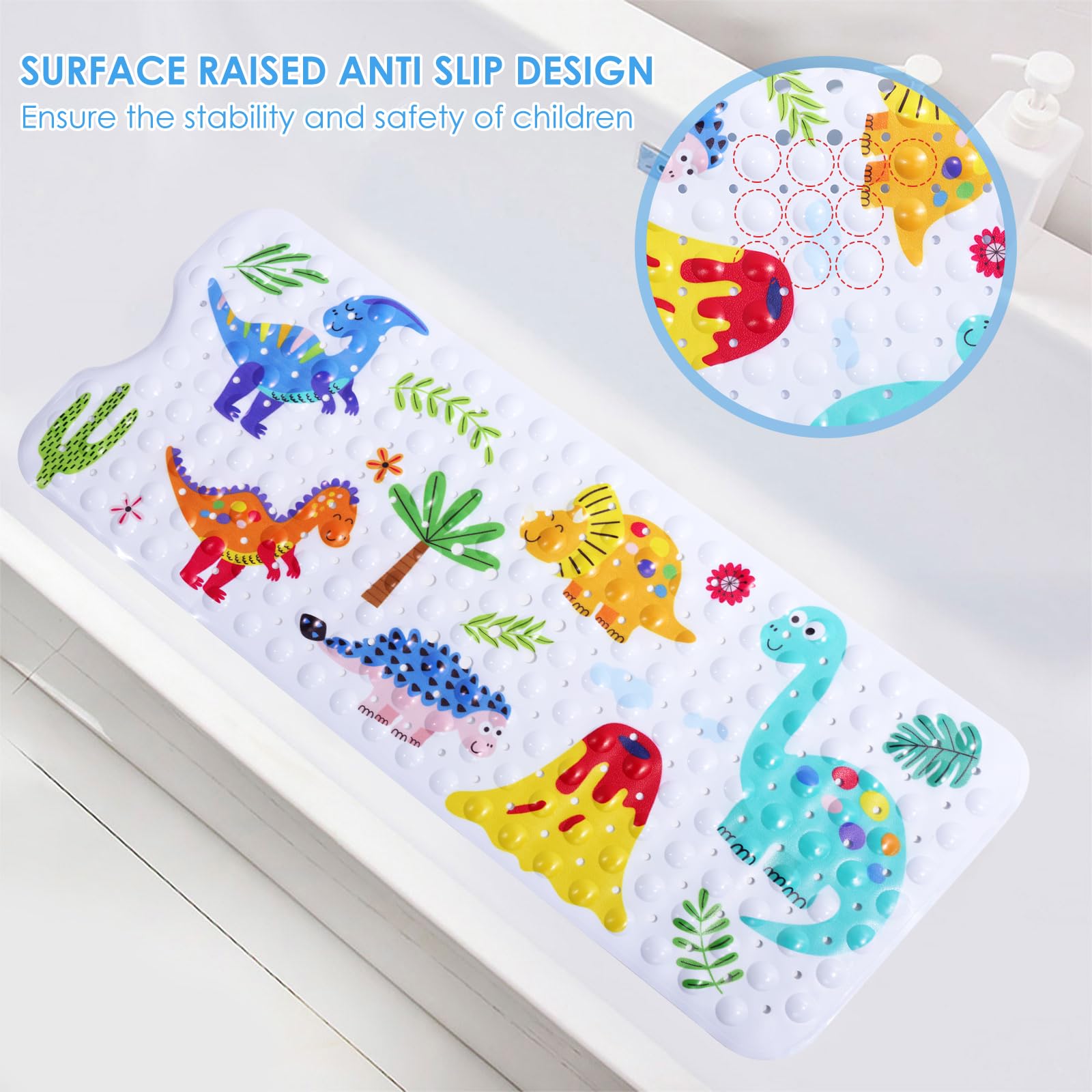 Bath Tub Mat Bath Mat For Tub Non Slip Shower Mat Dinosam Bathtub Mat Non Slip 16 X 35 Extra Long Rubber Bath Mat, Suction Cups, Drain Holes, Machine