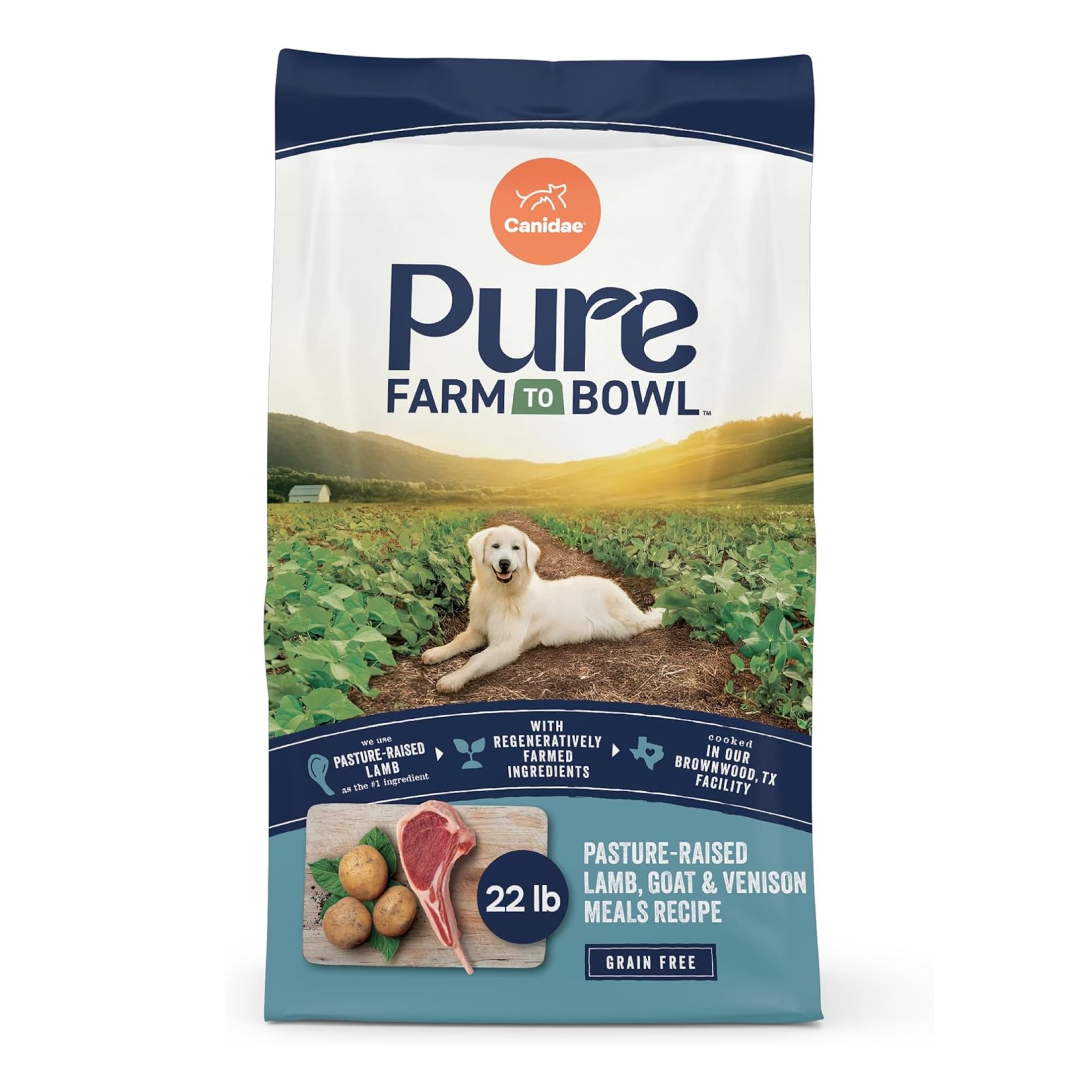 CANIDAE Pure Farm to Bowl, Pasture-Raised Lamb, Goat & Venison, 12 lb | Adult Dry Dog Food with Balanced Nutrition, Protein Rich, Limited-Ingredient Formula, Free from Grain, Wheat, and Soy, Lamb, Goat & Venison, 22 Pound (Pack of 1)
