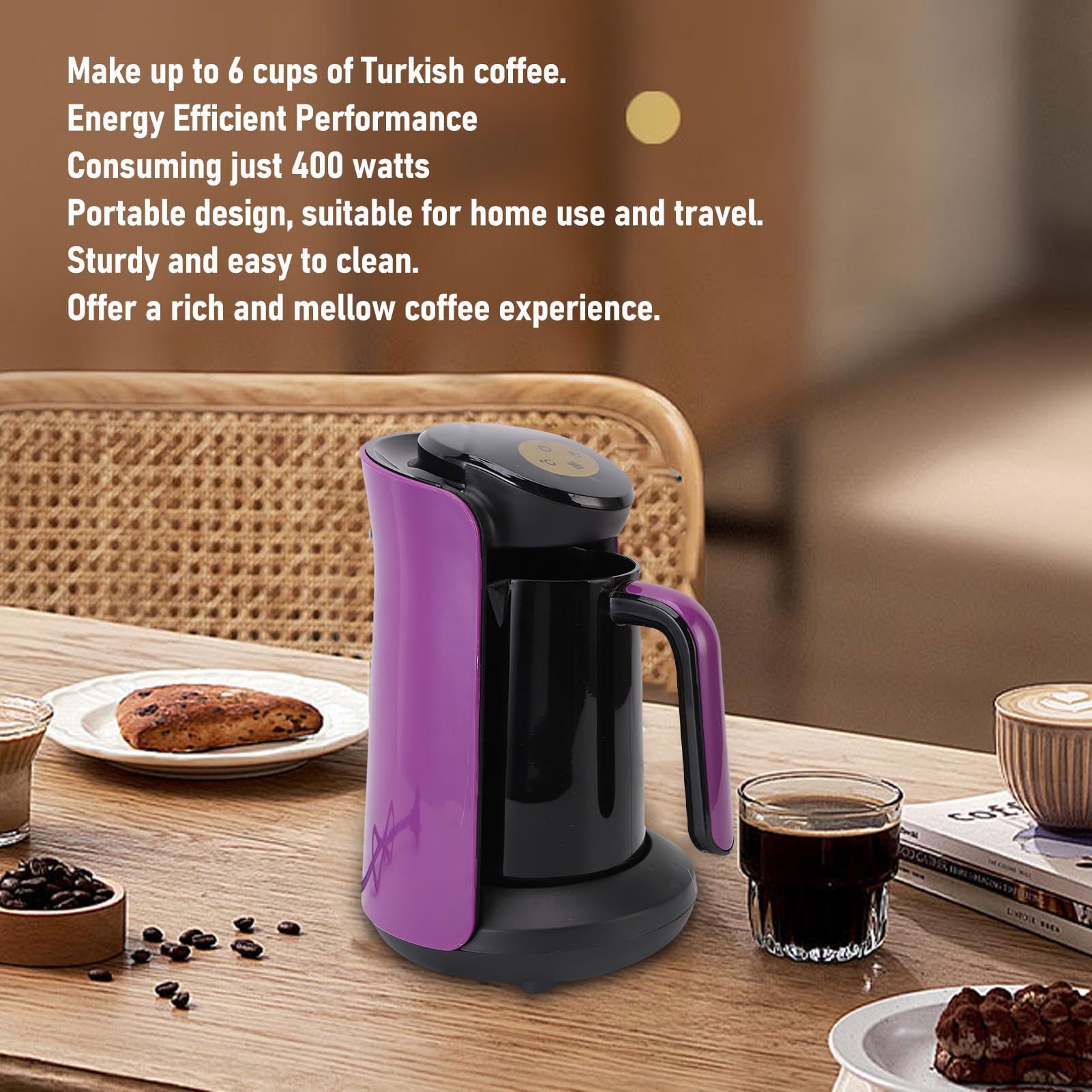 Mumusuki Türkische Kaffeemaschine, 400 W 6 Tassen Elektrische Türkische Kaffeemaschine mit Trockenem Kochen, Überhitzungsschutz und Anti -Überlauf -System für Kaffeee Heiße Getränke (EU-Stecker)