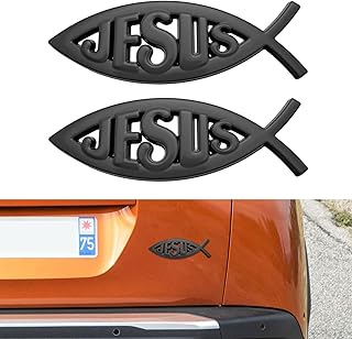 2PCS Jesus Fish Decal Sticker, Car Emblem, 3D Chrome Metal Fish Emblem Decal, Car Accessories Exterior Decoration Waterproof Auto Bumper Window Symbol Sticker Fit for Most Vehicles (Black)