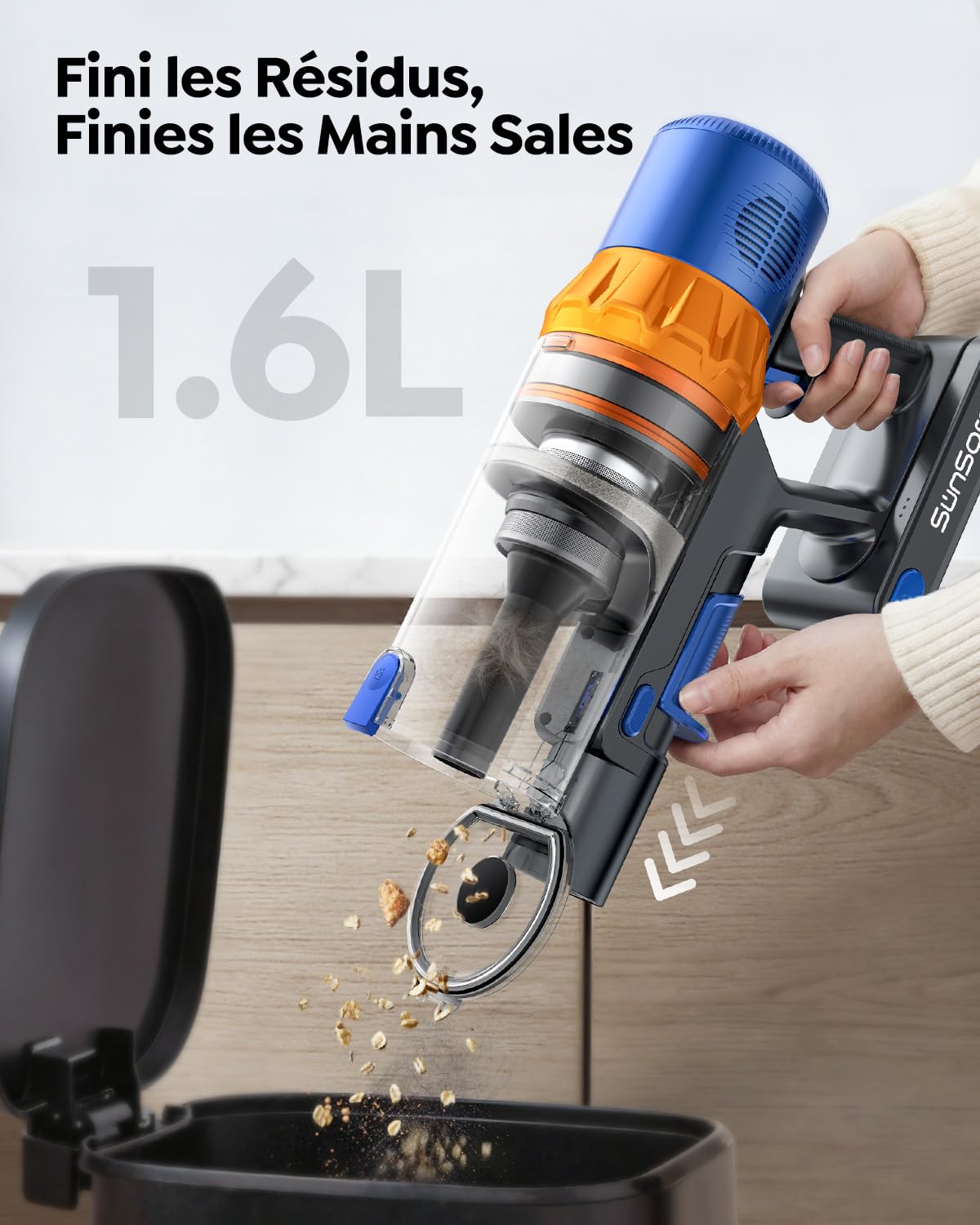 SunSare Aspirateur Balai sans Fil, 650W/55KPA/70Mins Aspirateur sans Fil Puissant avec Pliable Adaptateur, Tuyau 1M, Parfumé, Chargement Mural, Aspirateur Balai pour Poils d’Animaux/Sols/Tapis