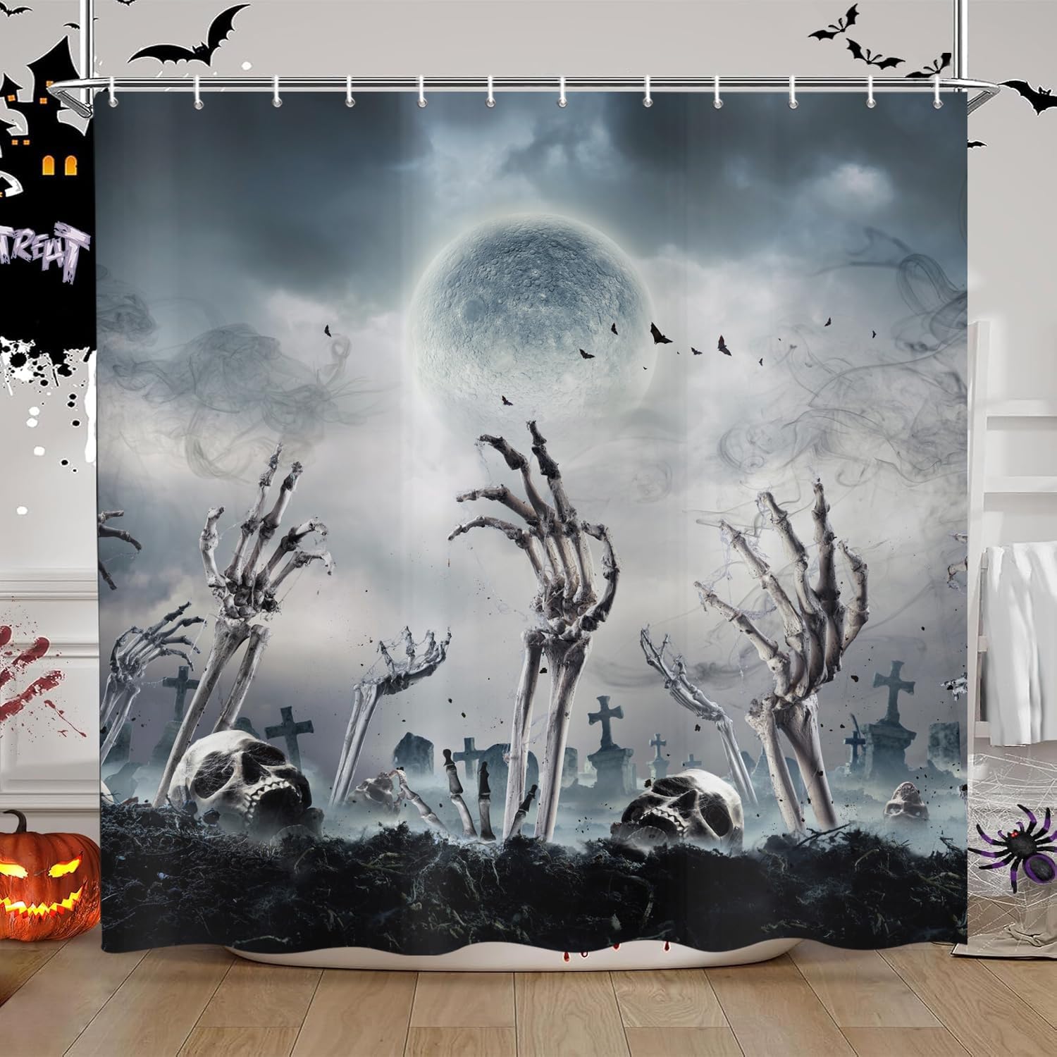 ASDCXZ Halloween Shower Curtain 180x200 cm, Moonlight Night Cemetery Horrible Skeleton Ghost Claw Waterproof Shower Curtains Polyester Textile Washable Shower Curtain for Bathtub with 12 Hooks